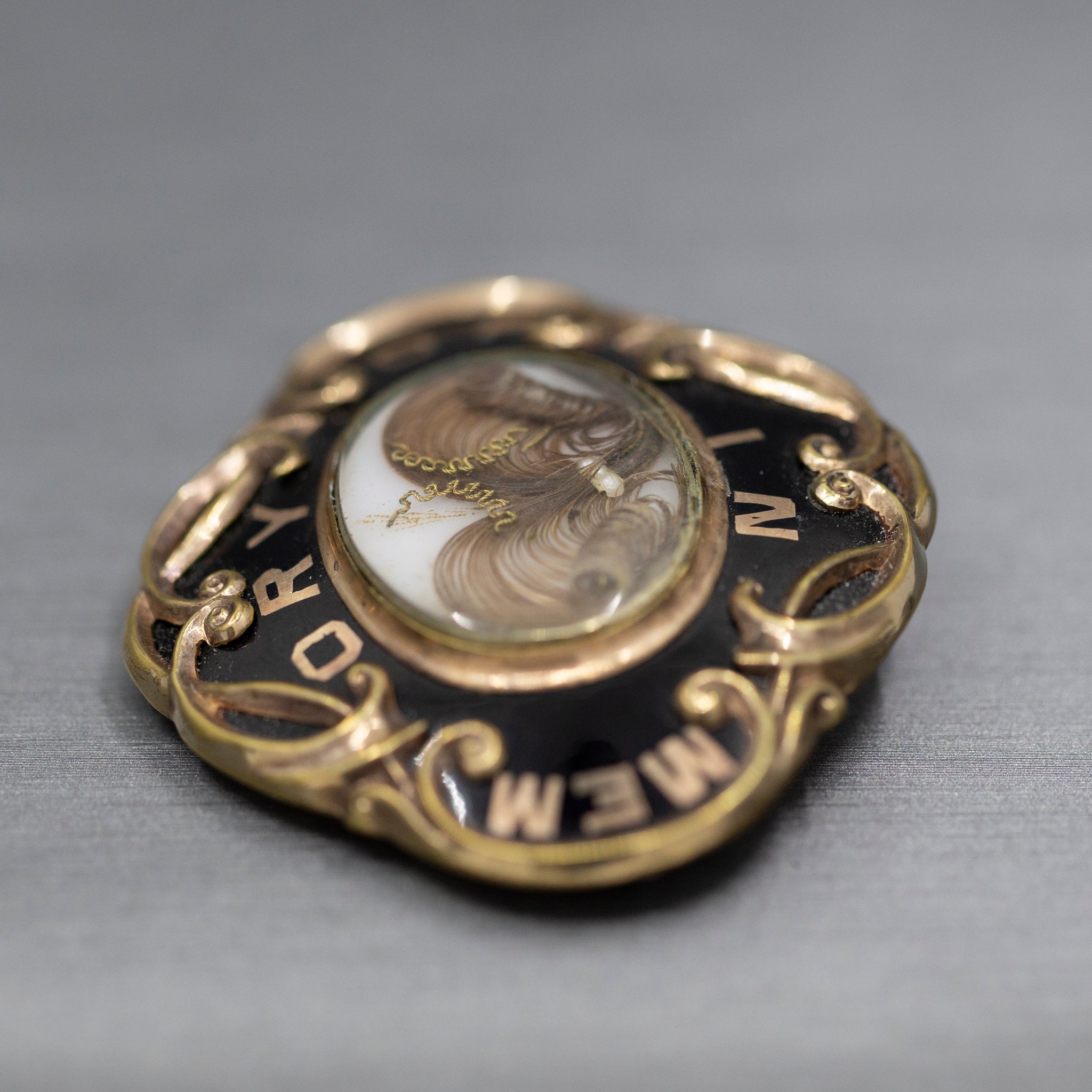 Antique Victorian Mourning In Memory Of Hair Work Brooch in 10k Yellow Gold