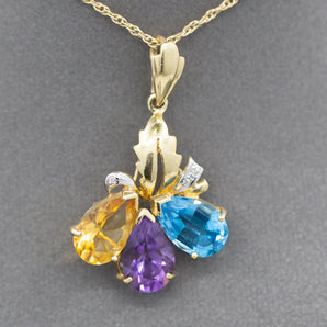 Sunny Citrine, Amethyst and Blue Topaz Pear Shaped Pendant Necklace in 14k Yellow Gold