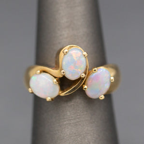 Fiery Opal Three Stone Contour Ring in 14kYellow Gold