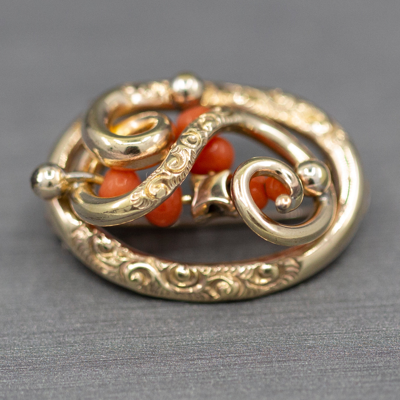 Victorian Coral and Engraved Brooch in 14k Yellow Gold