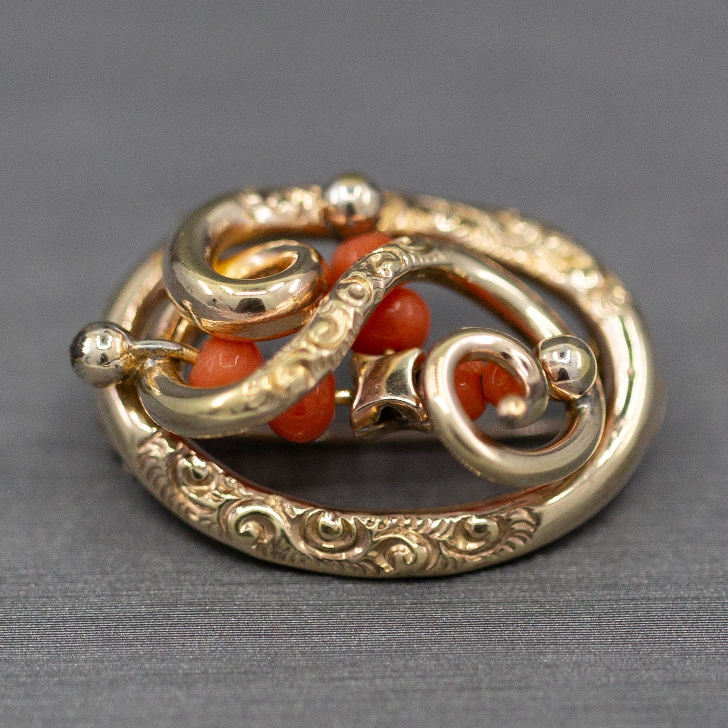 Victorian Coral and Engraved Brooch in 14k Yellow Gold