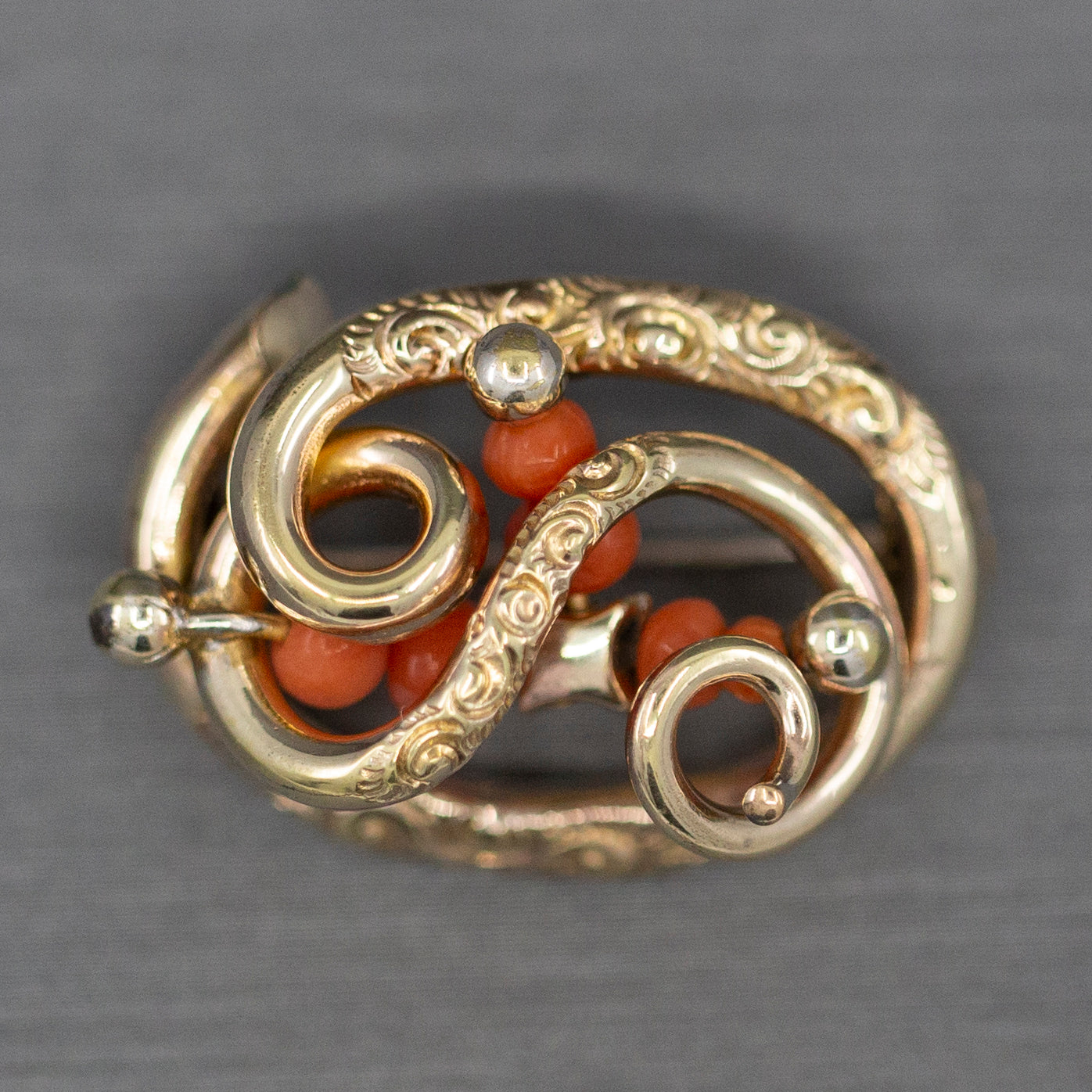 Victorian Coral and Engraved Brooch in 14k Yellow Gold