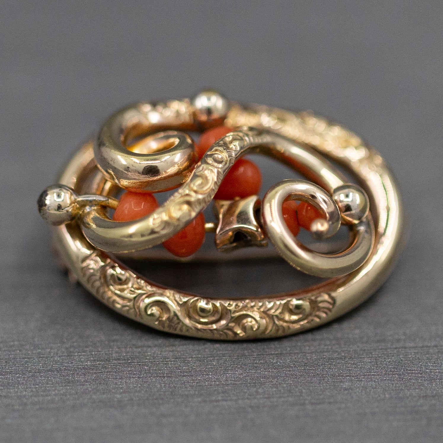 Victorian Coral and Engraved Brooch in 14k Yellow Gold