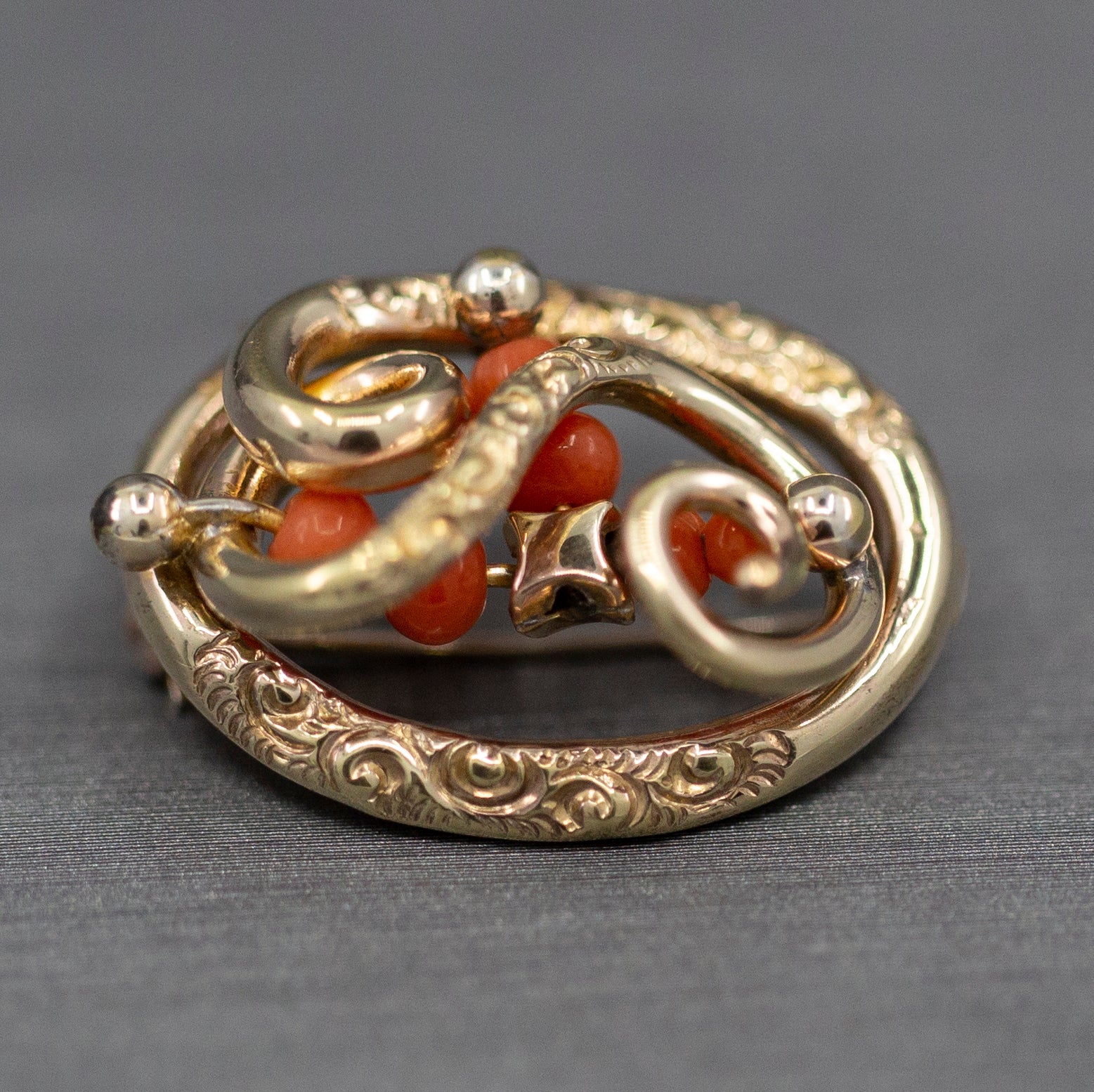 Victorian Coral and Engraved Brooch in 14k Yellow Gold