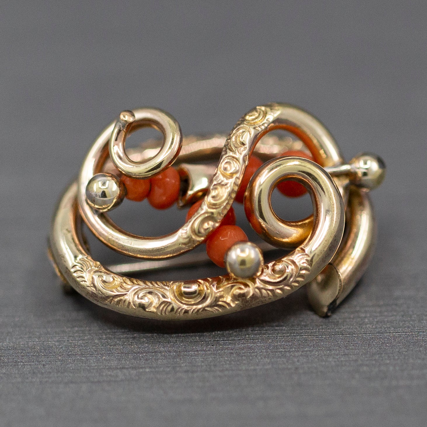 Victorian Coral and Engraved Brooch in 14k Yellow Gold