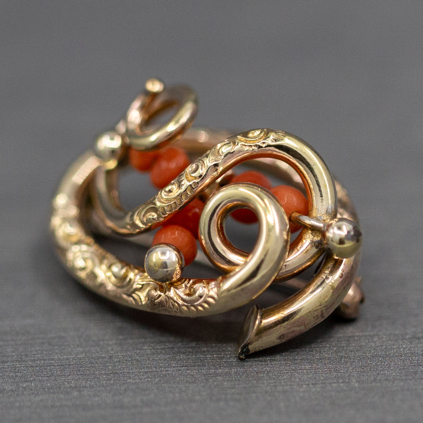Victorian Coral and Engraved Brooch in 14k Yellow Gold