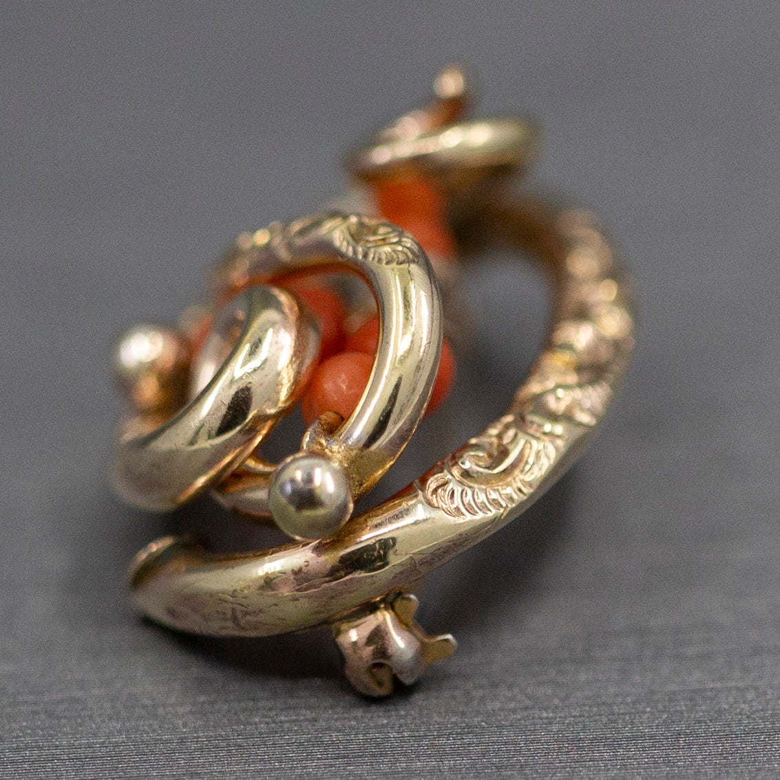 Victorian Coral and Engraved Brooch in 14k Yellow Gold