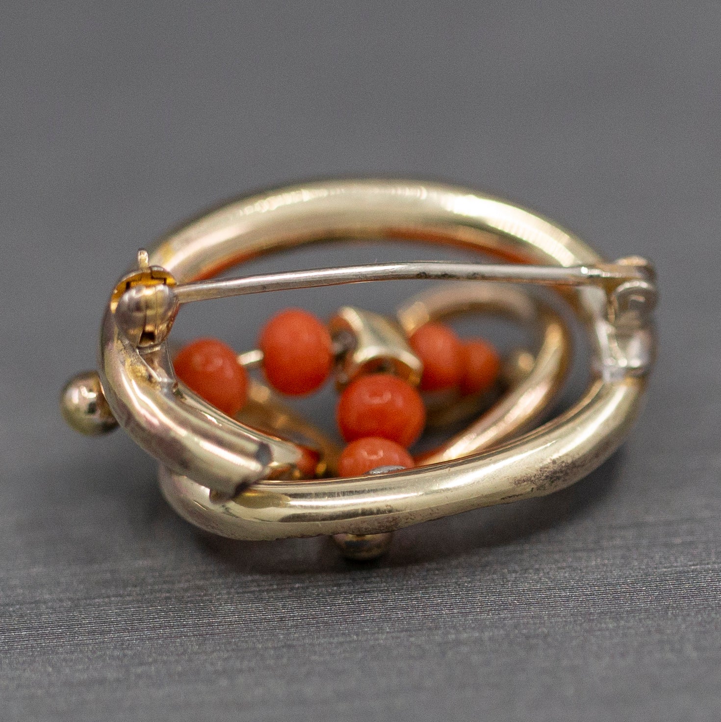 Victorian Coral and Engraved Brooch in 14k Yellow Gold