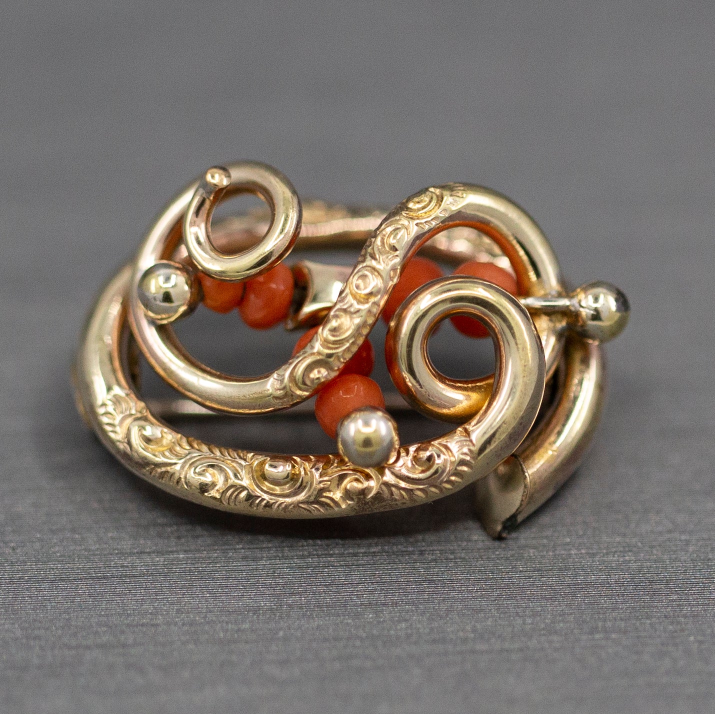 Victorian Coral and Engraved Brooch in 14k Yellow Gold