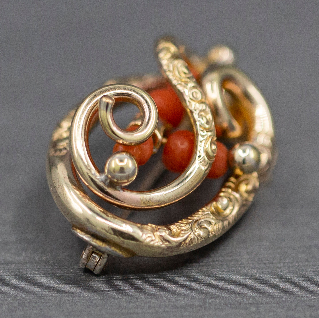 Victorian Coral and Engraved Brooch in 14k Yellow Gold