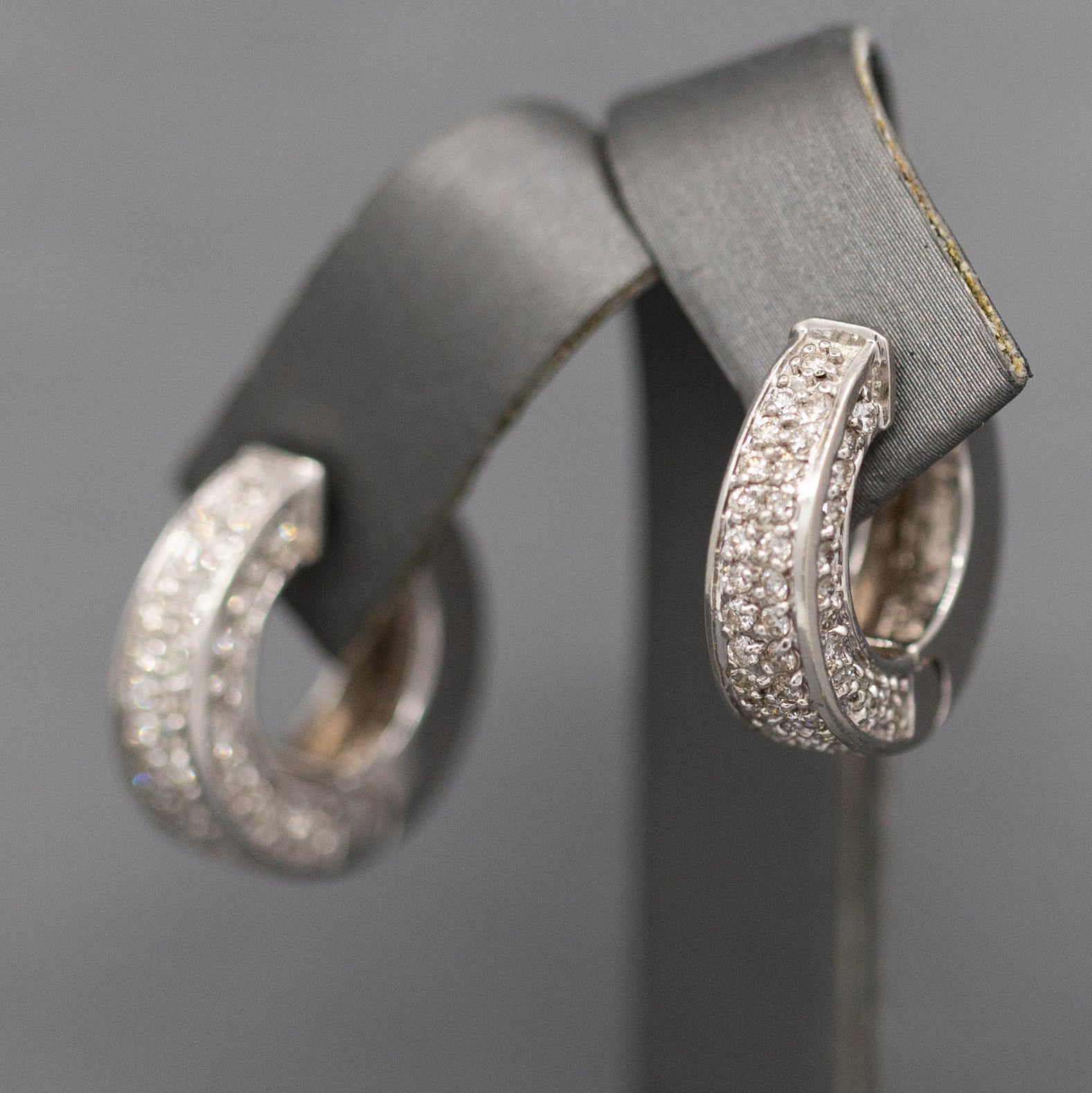 Gorgeous Hinged Diamond Pave Huggie Hoop Earrings in 14k White Gold