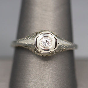 Art Deco Transitional Cut Diamond Engagement Ring in 14k White Gold