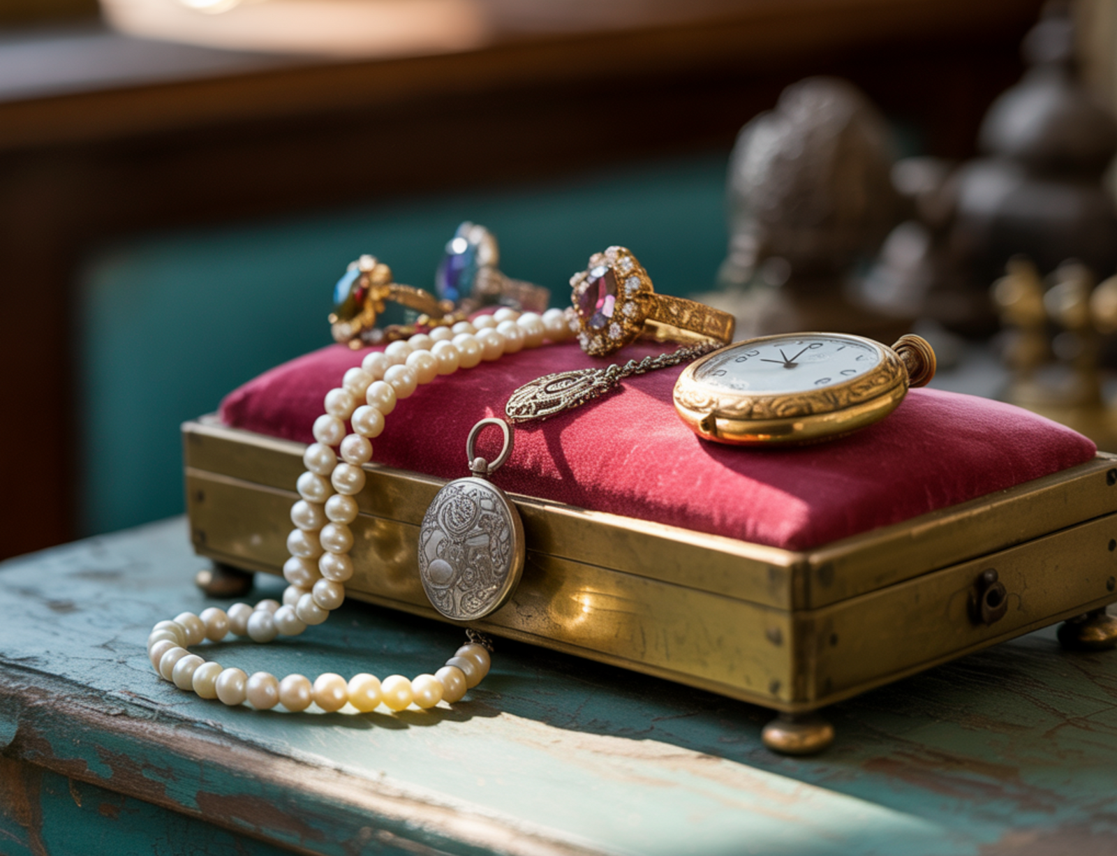 Vintage jewelry on display at The Jeweled Crescent in Portland Oregon