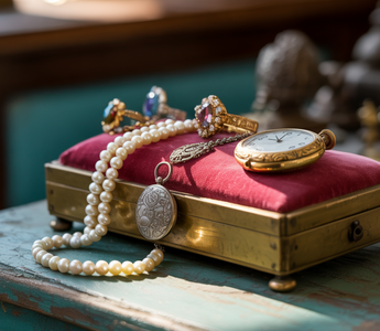 Vintage jewelry on display at The Jeweled Crescent in Portland Oregon