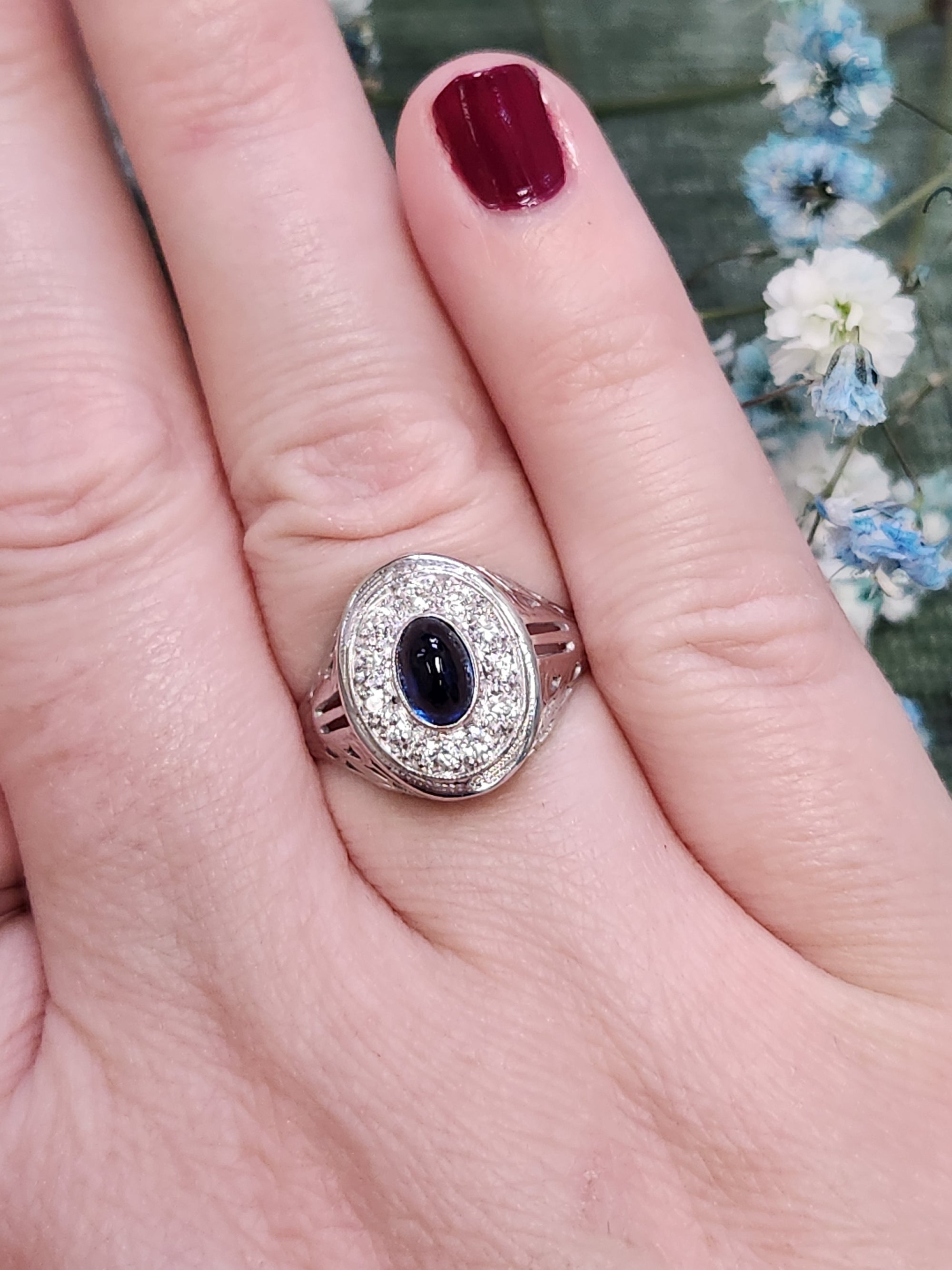Vintage Sapphire Cabochon and Old Cut Diamond Halo Ring in 14k White Gold