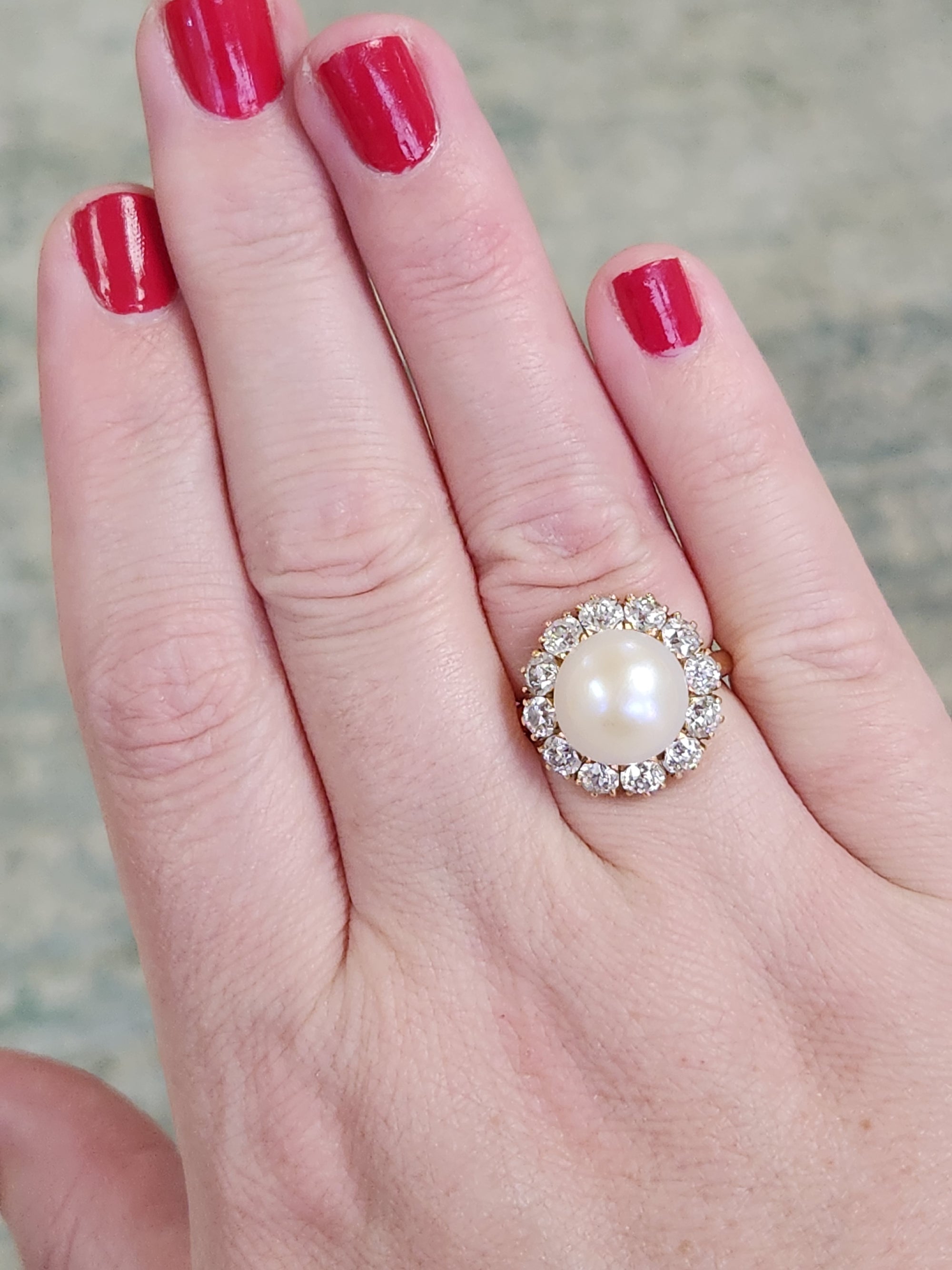 Vintage Button Pearl and Old Mine Cut Diamond Halo Ring in 14k Yellow Gold