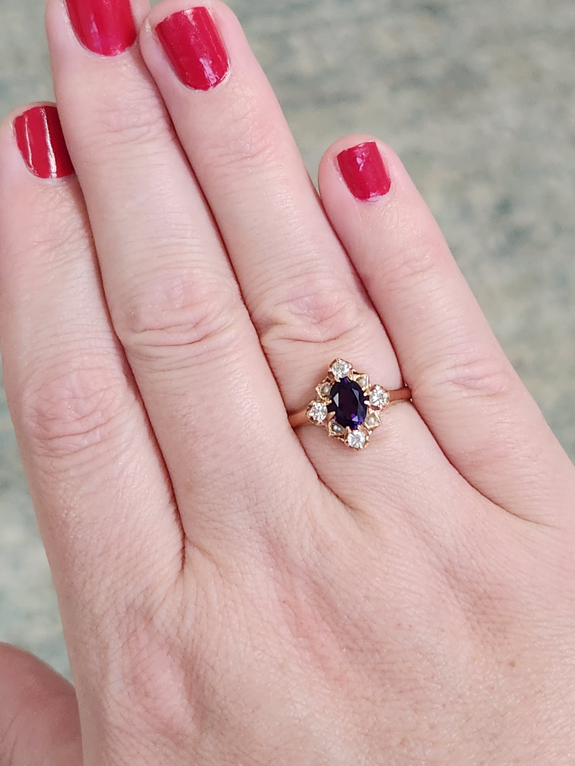 Vintage Amethyst, Diamond and Seed Pearl Ring in 14k Rose Gold