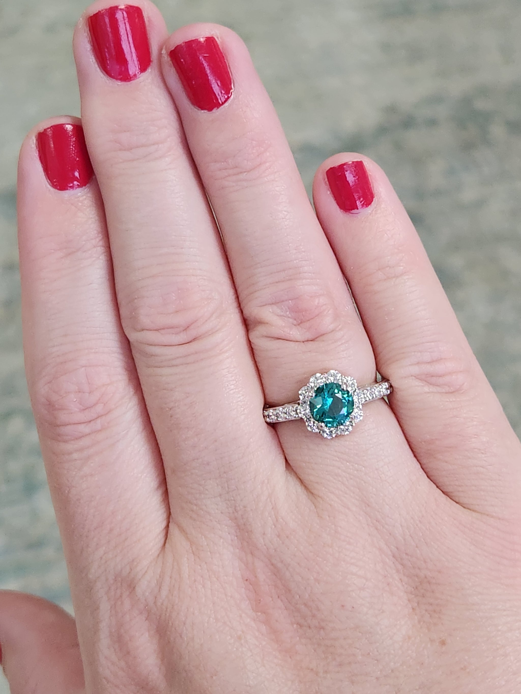 Handcrafted Lagoon Teal Tourmaline and Diamond Ring in 14k White Gold
