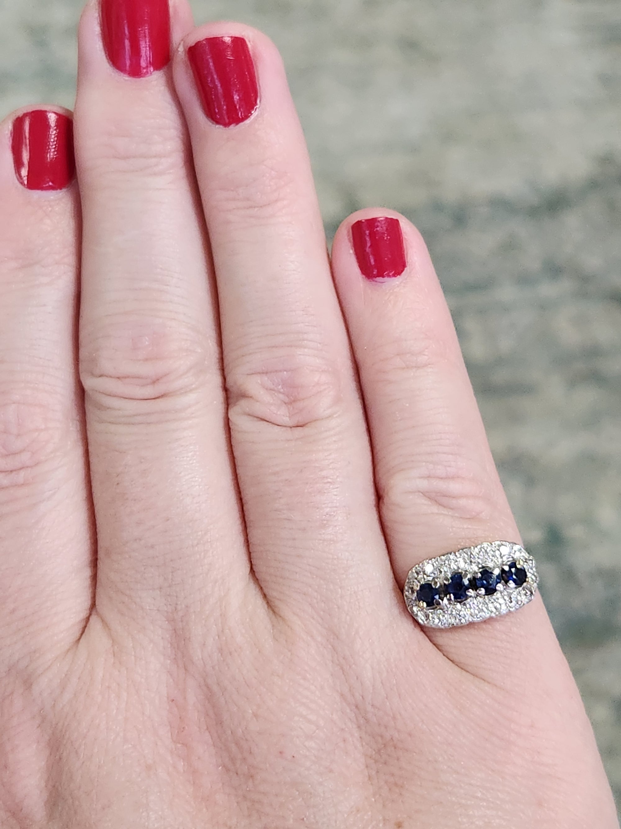 Romantic Deep Blue Sapphire and Old European Cut Diamond Band Ring in 14k Yellow Gold