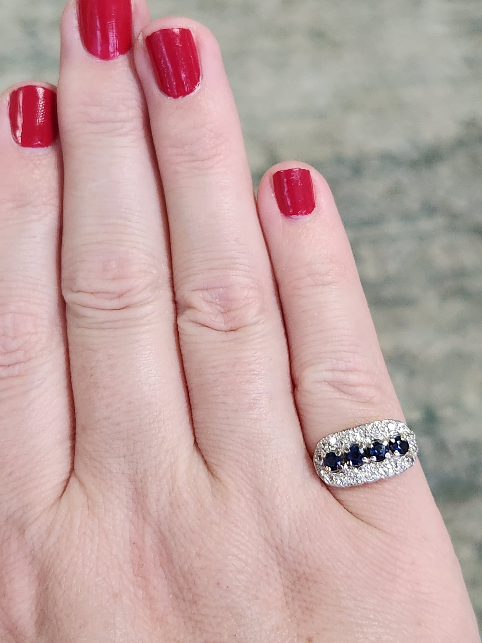 Romantic Deep Blue Sapphire and Old European Cut Diamond Band Ring in 14k Yellow Gold