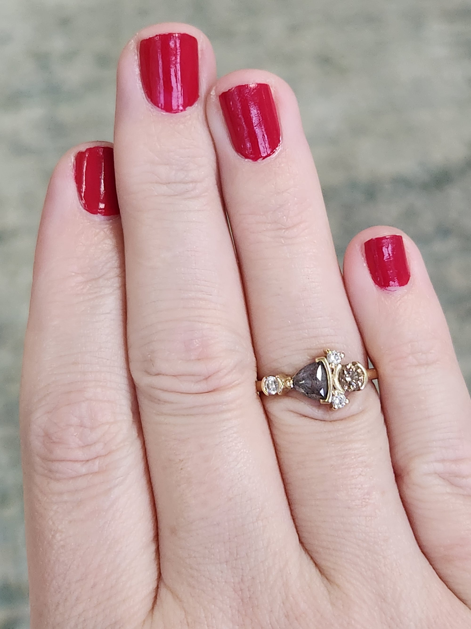 Rose Cut Salt and Pepper Champagne and White Diamond Ring in 14k Yellow Gold