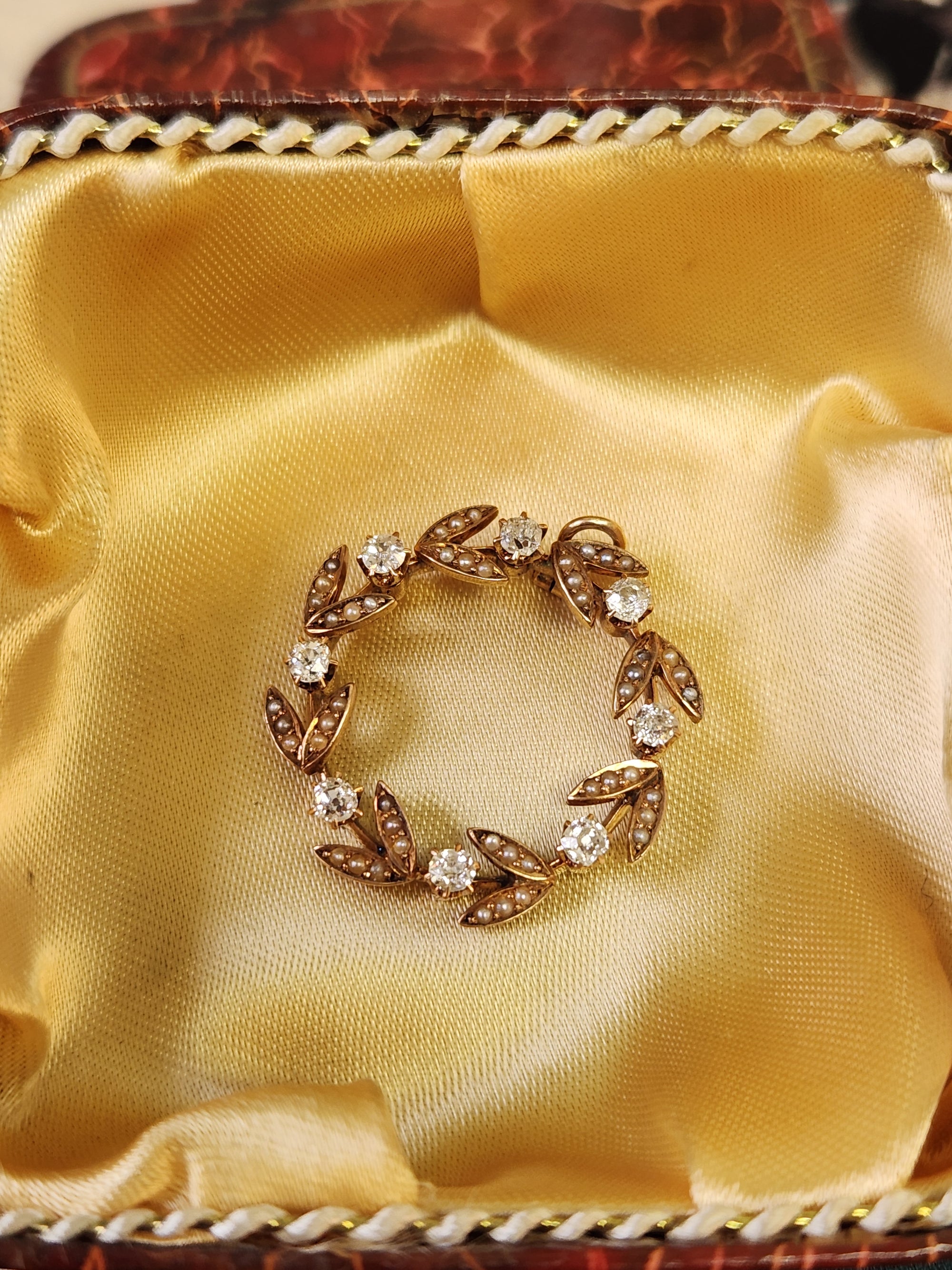 Sweet Antique Victorian Wreath Pendant with Seed Pearls and Old Mine Cut Diamonds in 14 Yellow Gold