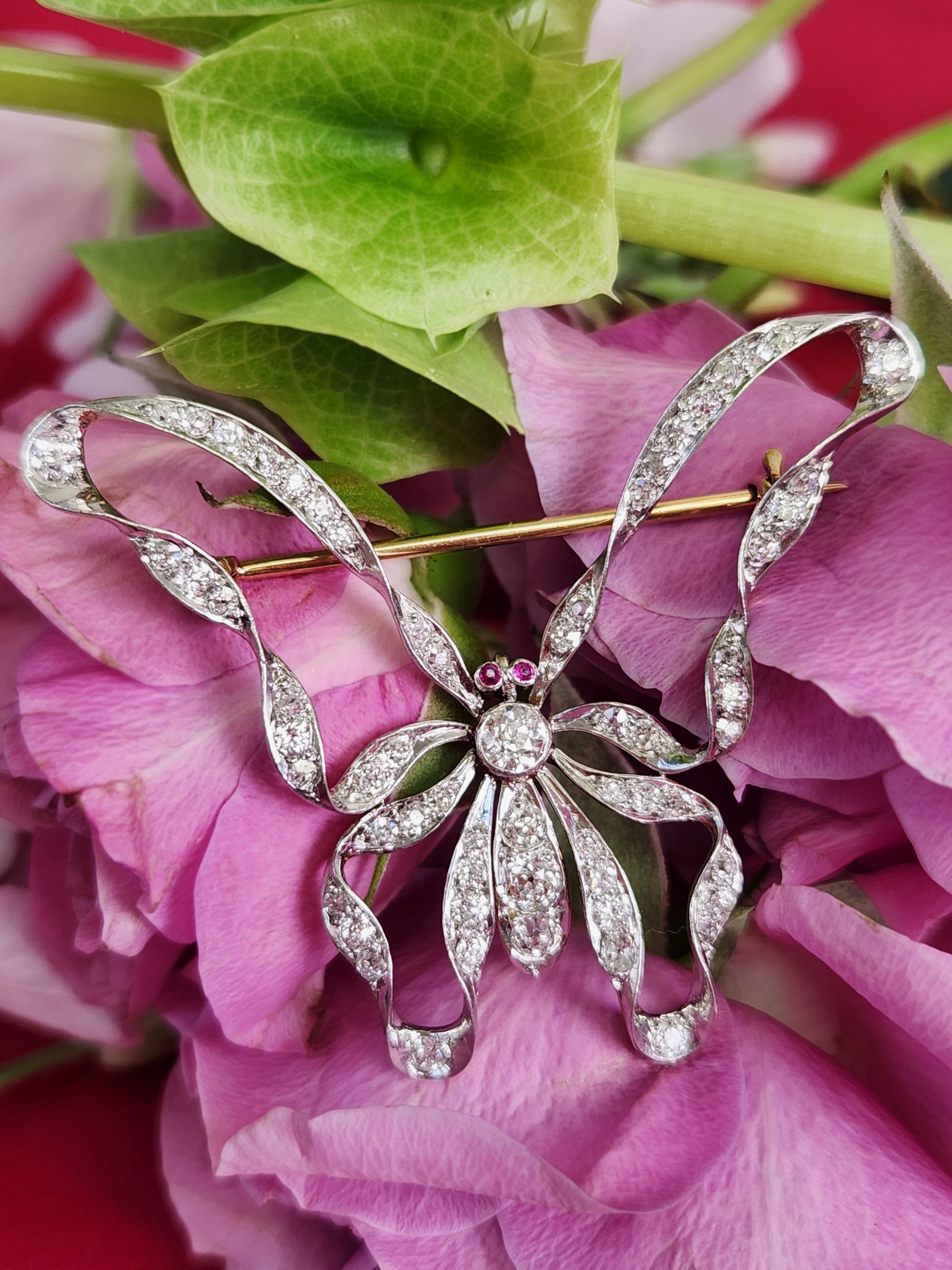 Exquisite Edwardian Old European Cut Diamond and Ruby Butterfly Brooch Pin in Platinum & 14k Gold