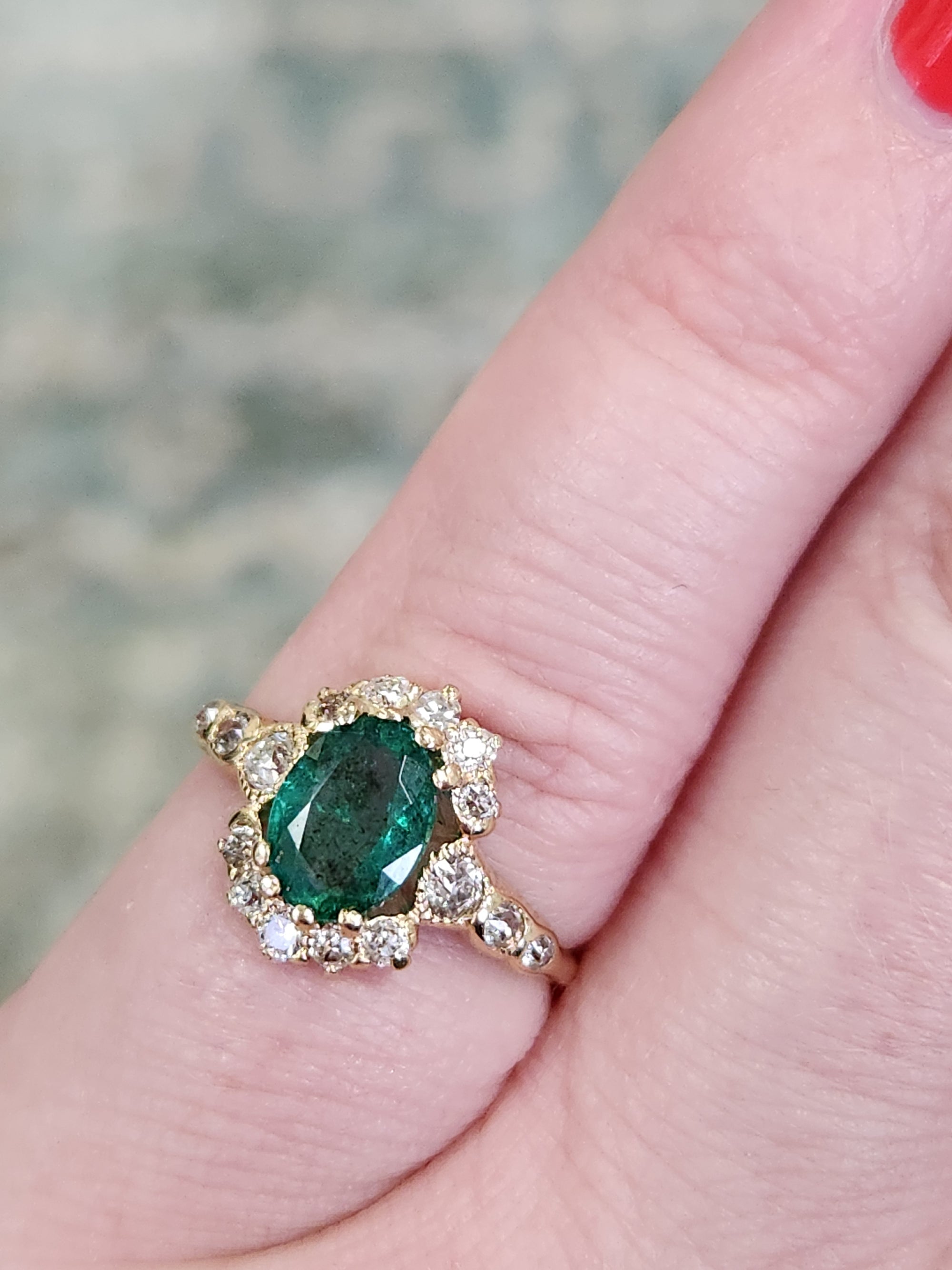 Dreamy Antique Victorian Emerald and Diamond Ring in 14k Yellow Gold
