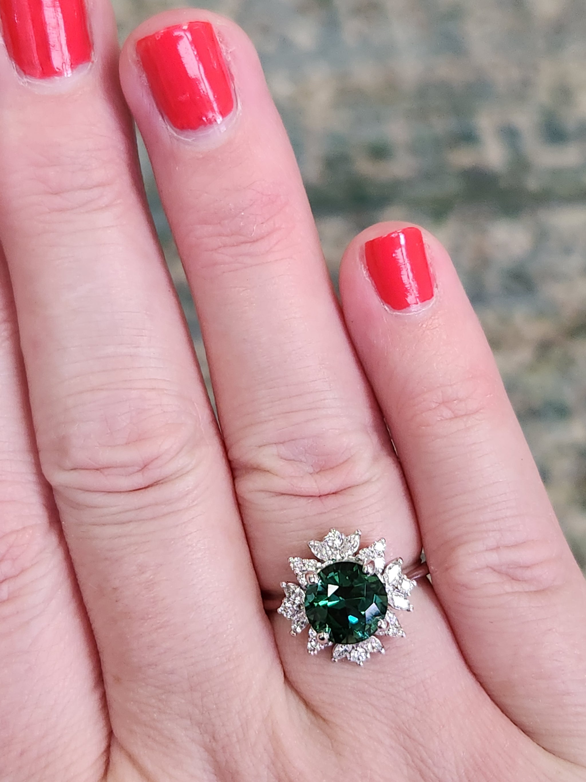 Incredible Blue Green Teal Tourmaline and Diamond Ring in 14k White Gold