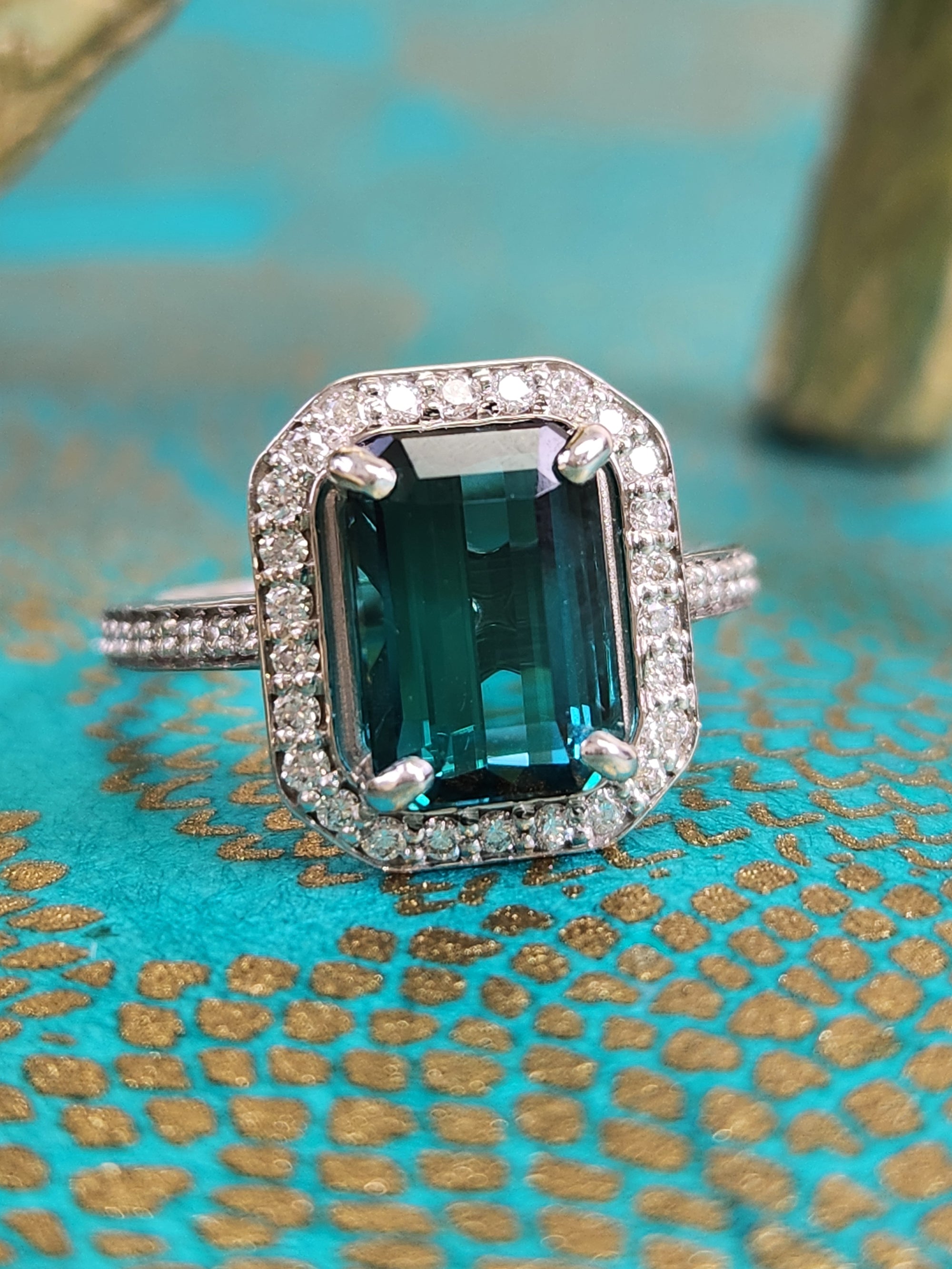 Spectacular Emerald Cut Lagoon Teal Indicolite Tourmaline and Diamond Ring in 14k White Gold