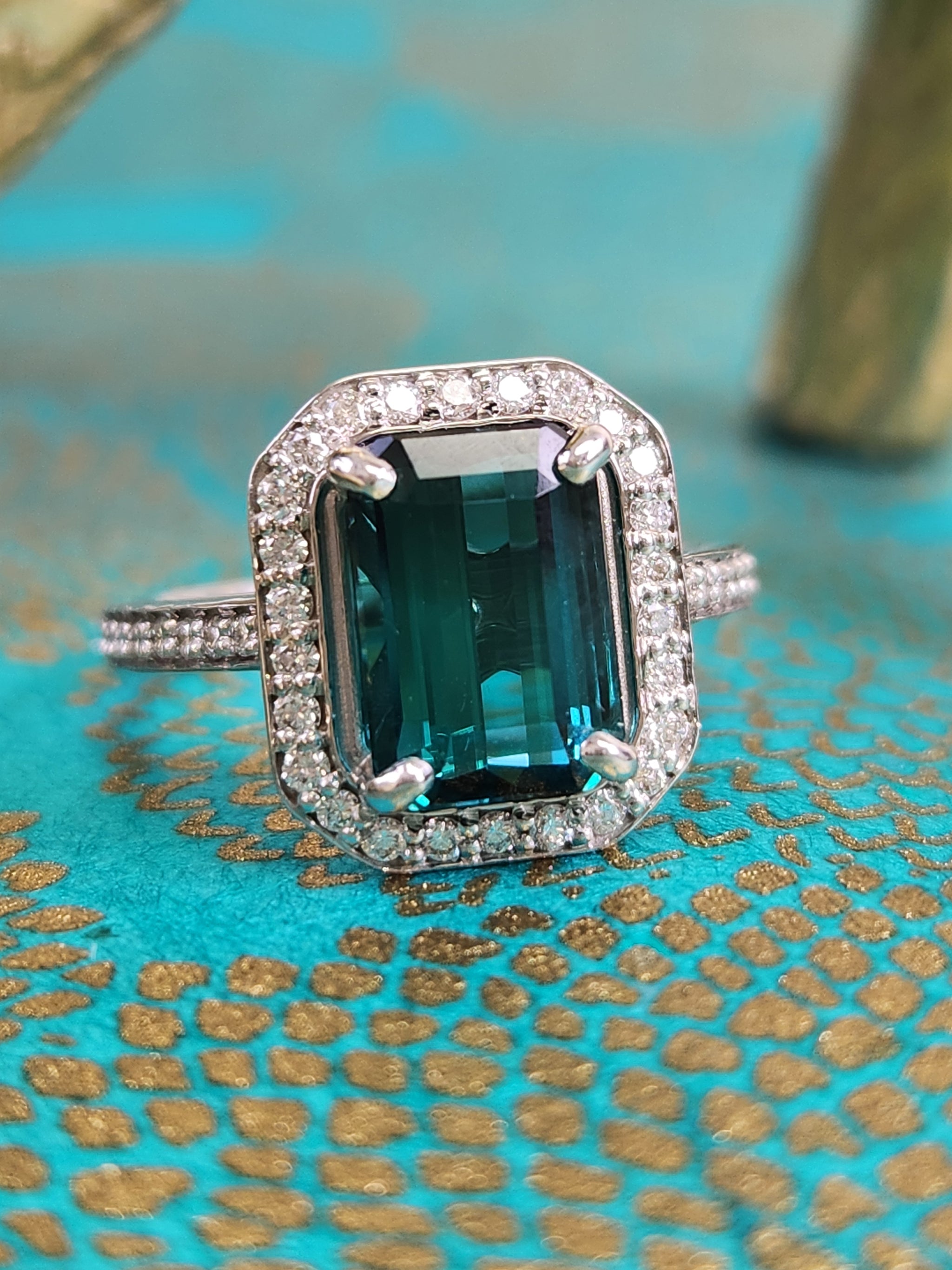 Spectacular Emerald Cut Lagoon Teal Indicolite Tourmaline and Diamond Ring in 14k White Gold