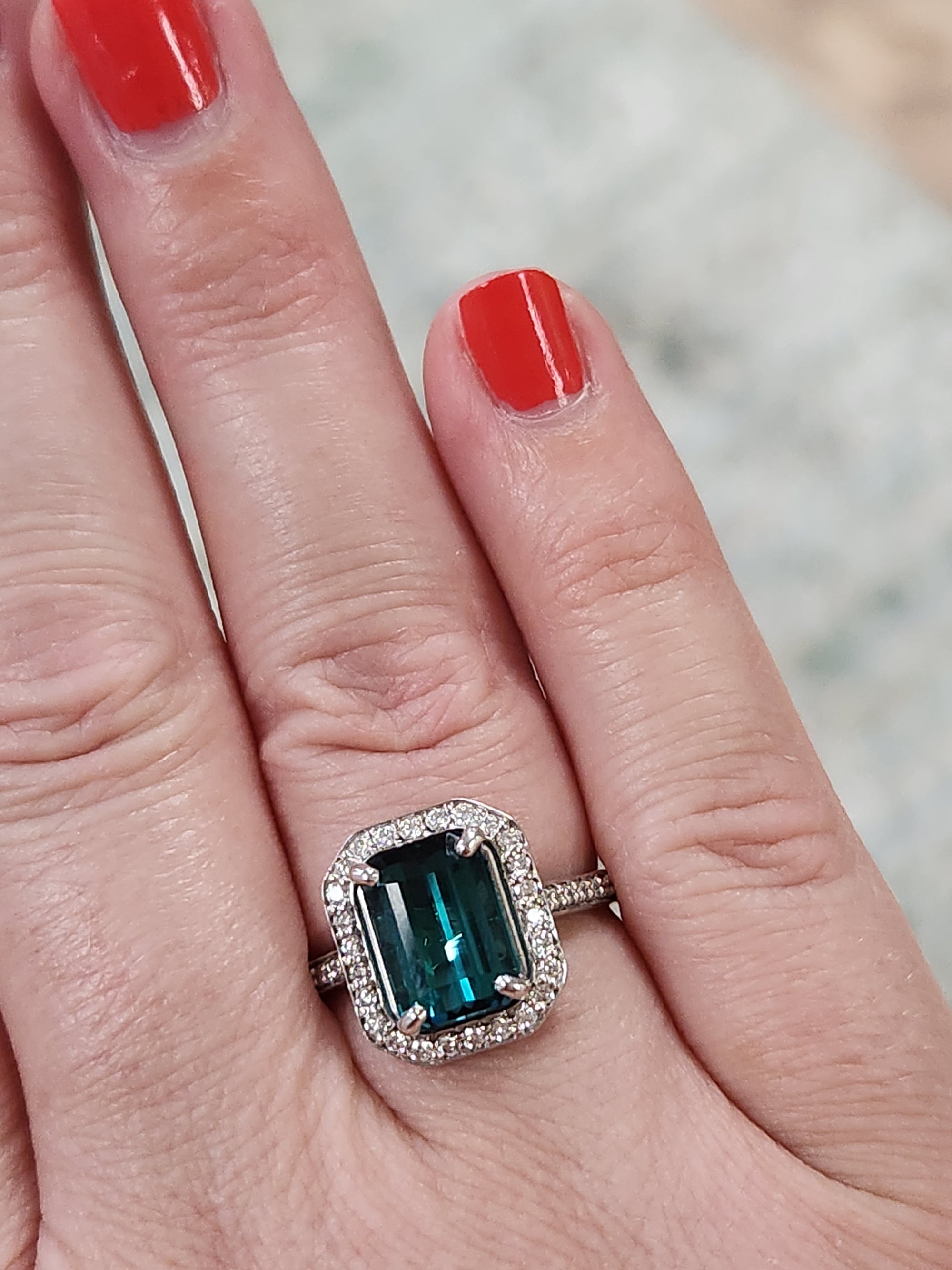 Spectacular Emerald Cut Lagoon Teal Indicolite Tourmaline and Diamond Ring in 14k White Gold