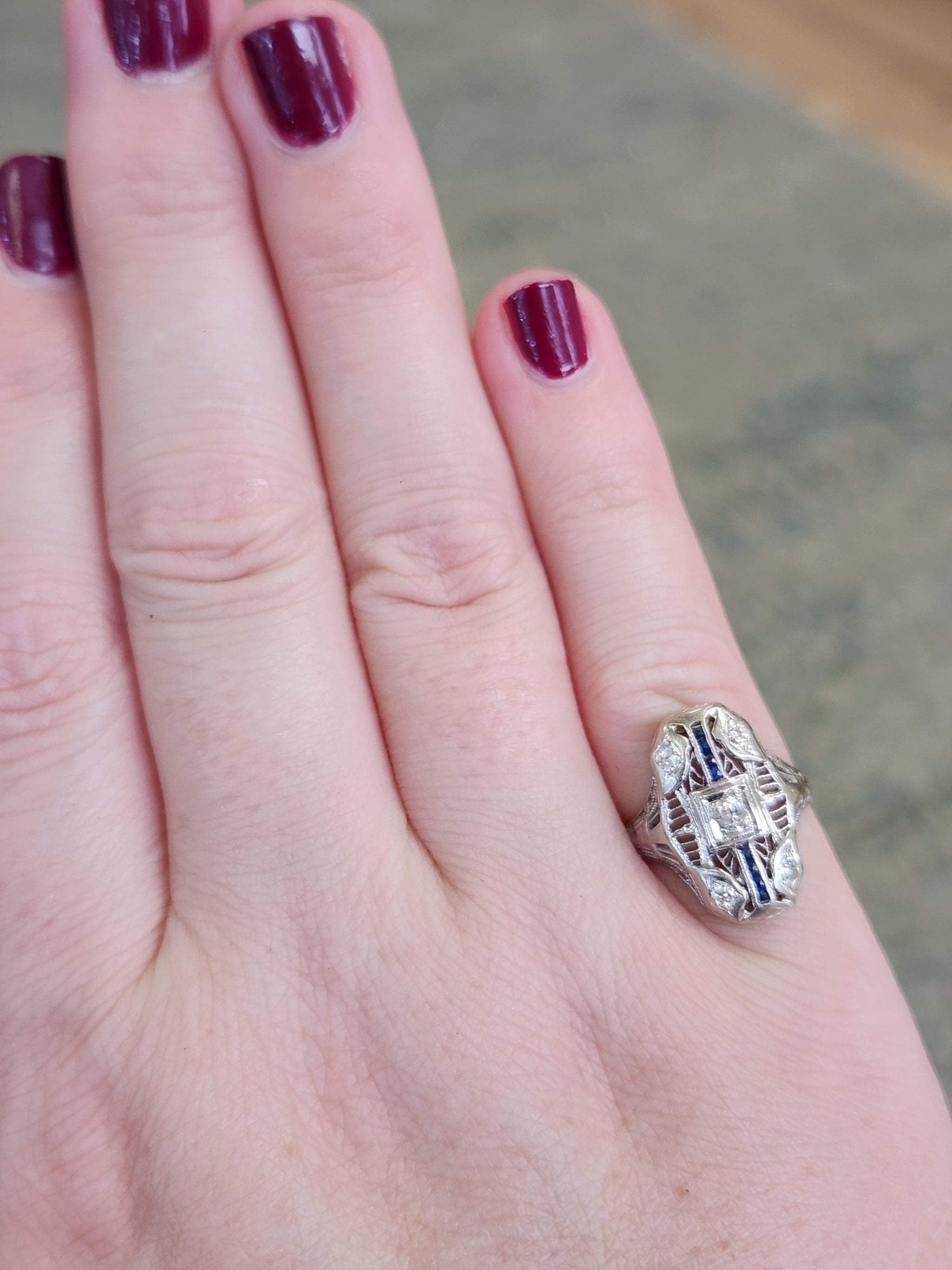 Antique Art Deco Petite Sapphire and Diamond Dinner Cocktail Ring in 18k White Gold