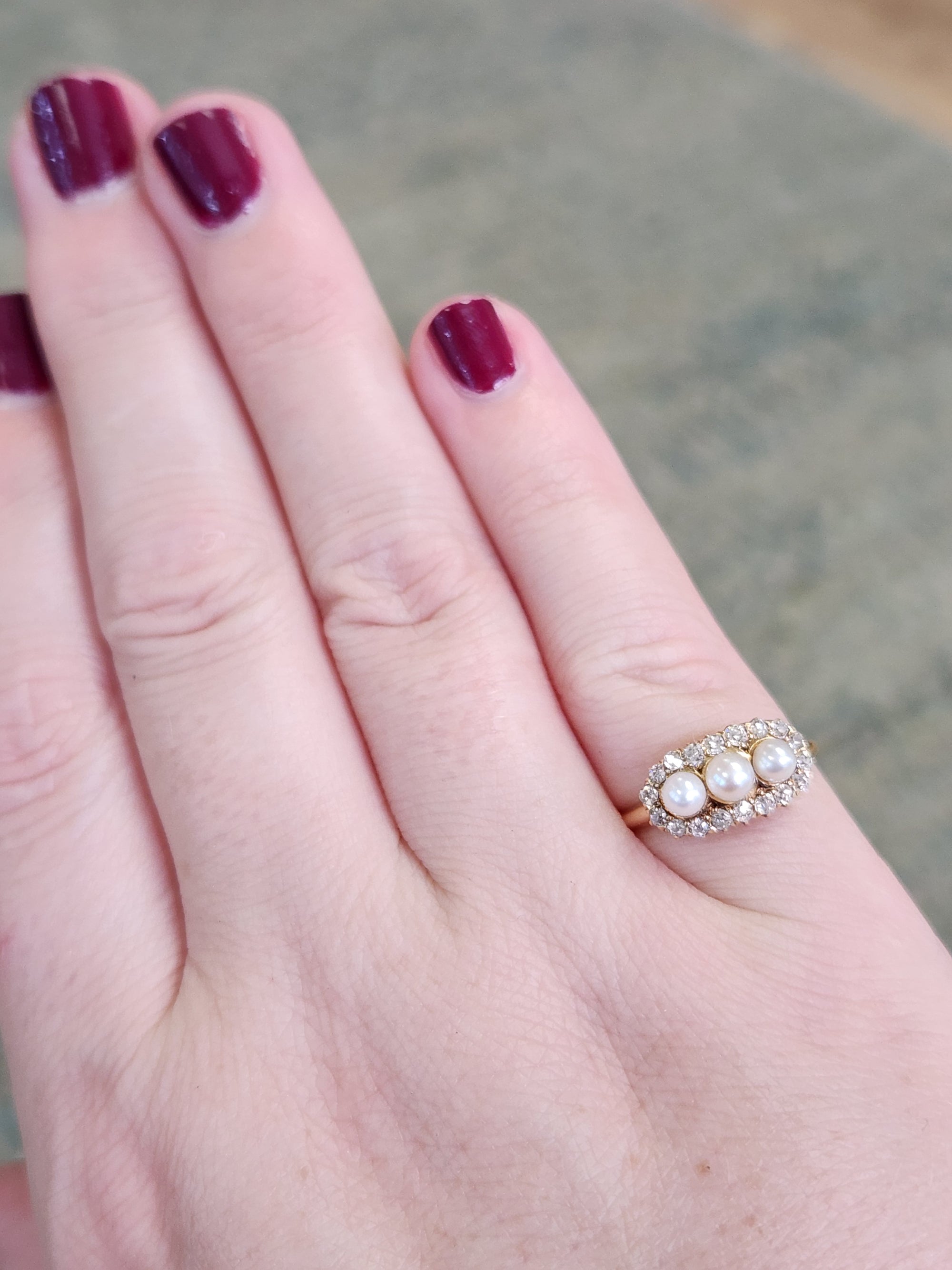 Antique Edwardian Three Stone Pearl Ring with Old Mine Cut Diamond Halo in 14k Yellow Gold