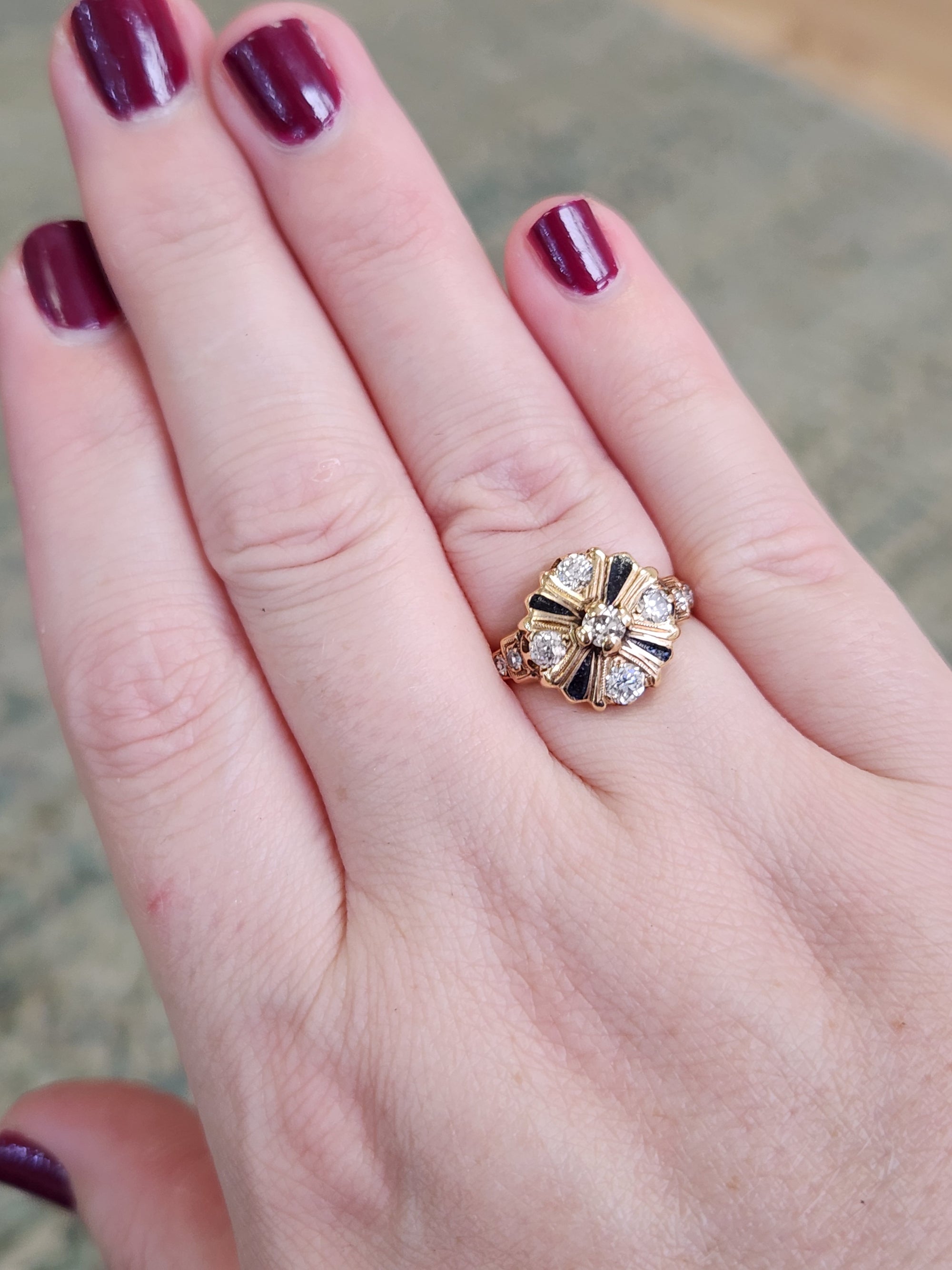 Antique Edwardian Old European Cut Diamond Cluster Enamel Ring in 14k Yellow Gold