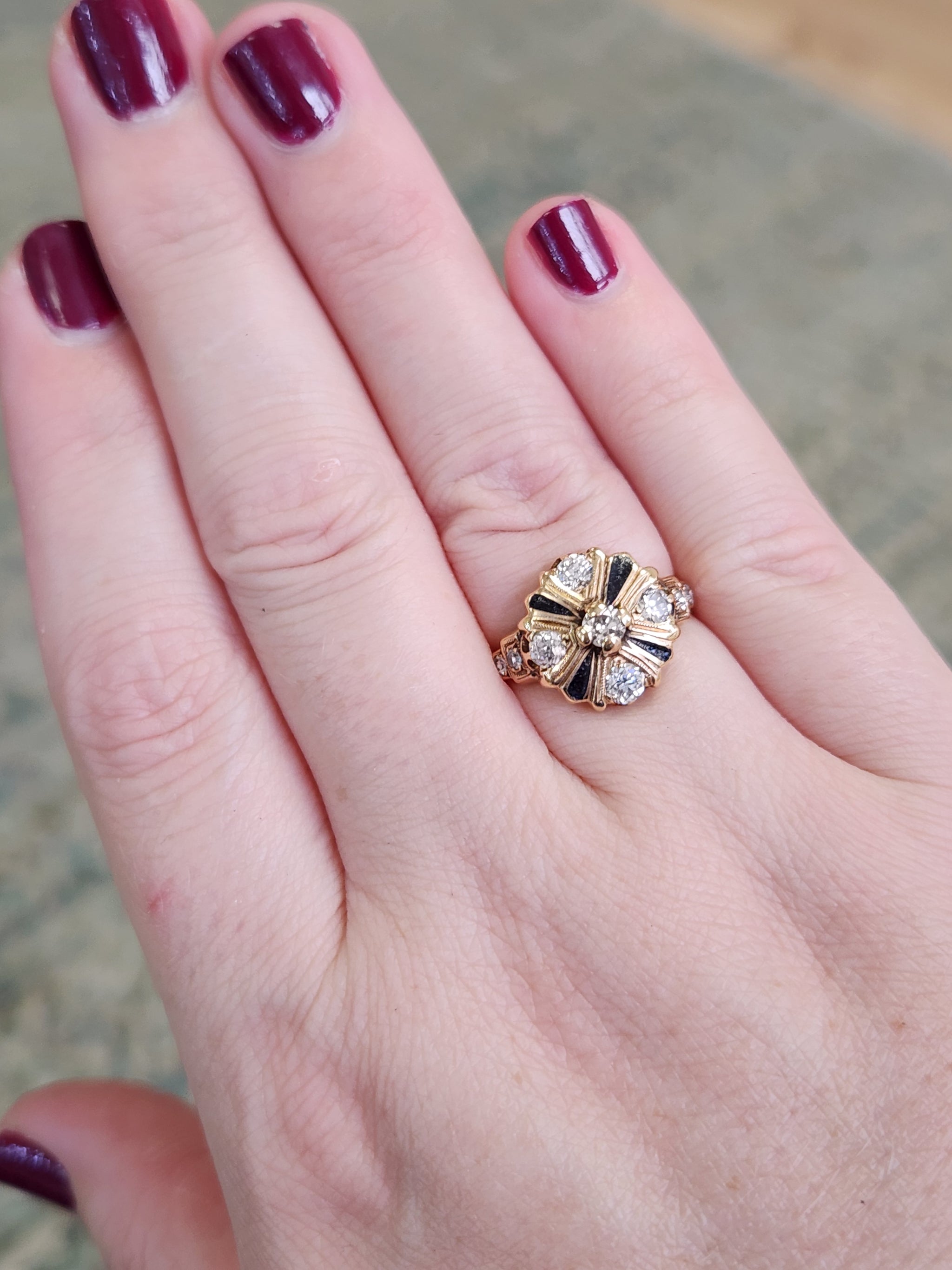 Antique Edwardian Old European Cut Diamond Cluster Enamel Ring in 14k Yellow Gold