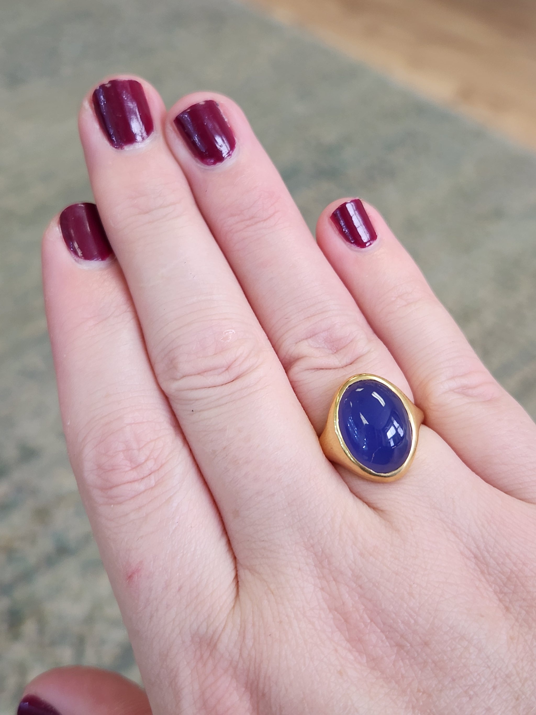 Handcrafted Purple Violet Chalcedony Bezel Set Signet Ring in 18k Yellow Gold