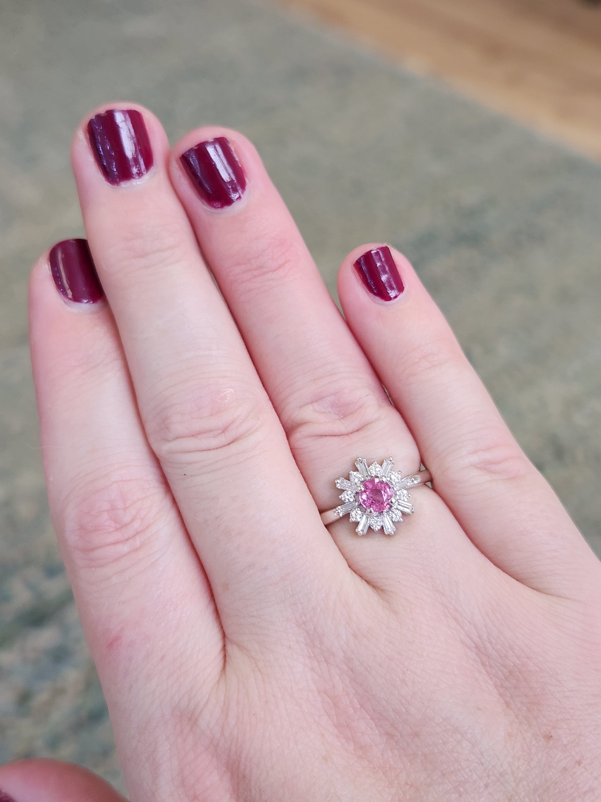 Sweet Pink Sapphire and Diamond Starburst Ring in 14k White Gold
