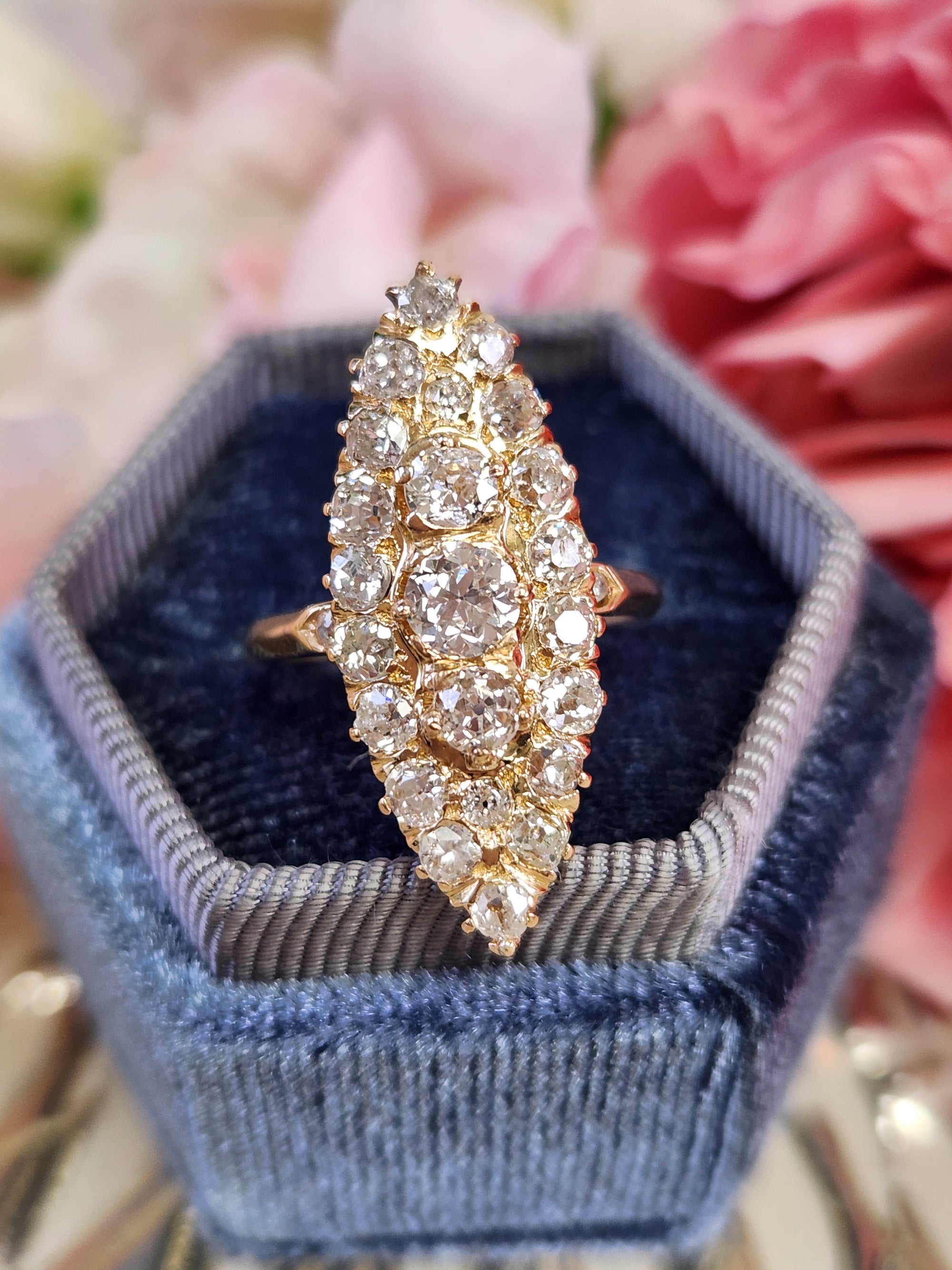 Antique Victorian Navette Old Mine and Old European Cut Diamond Ring in 18k Yellow Gold
