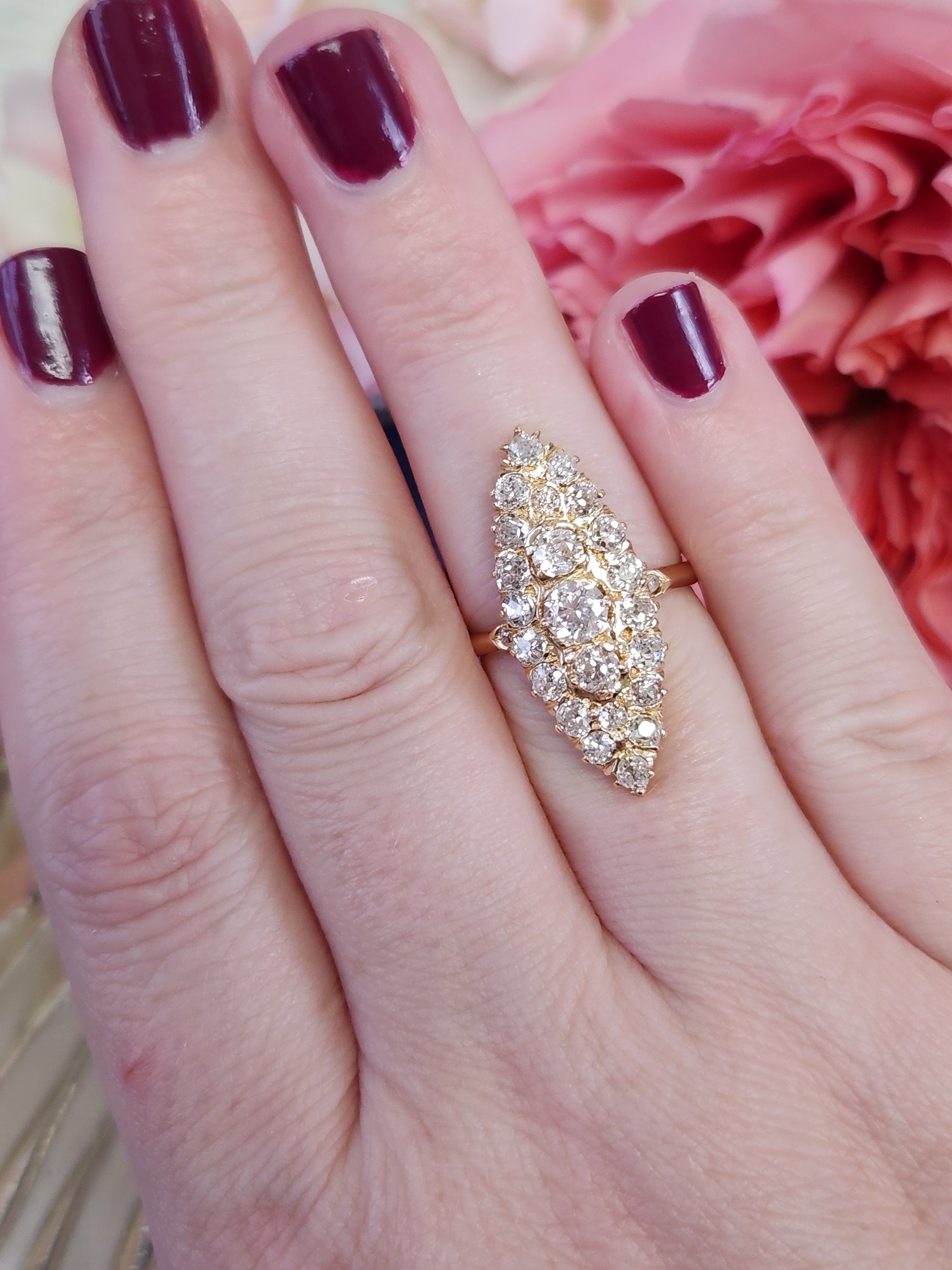 Antique Victorian Navette Old Mine and Old European Cut Diamond Ring in 18k Yellow Gold