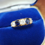 Antique Victorian Blue Sapphire and Old Mine Cut Diamond Ring in Rosy Gold
