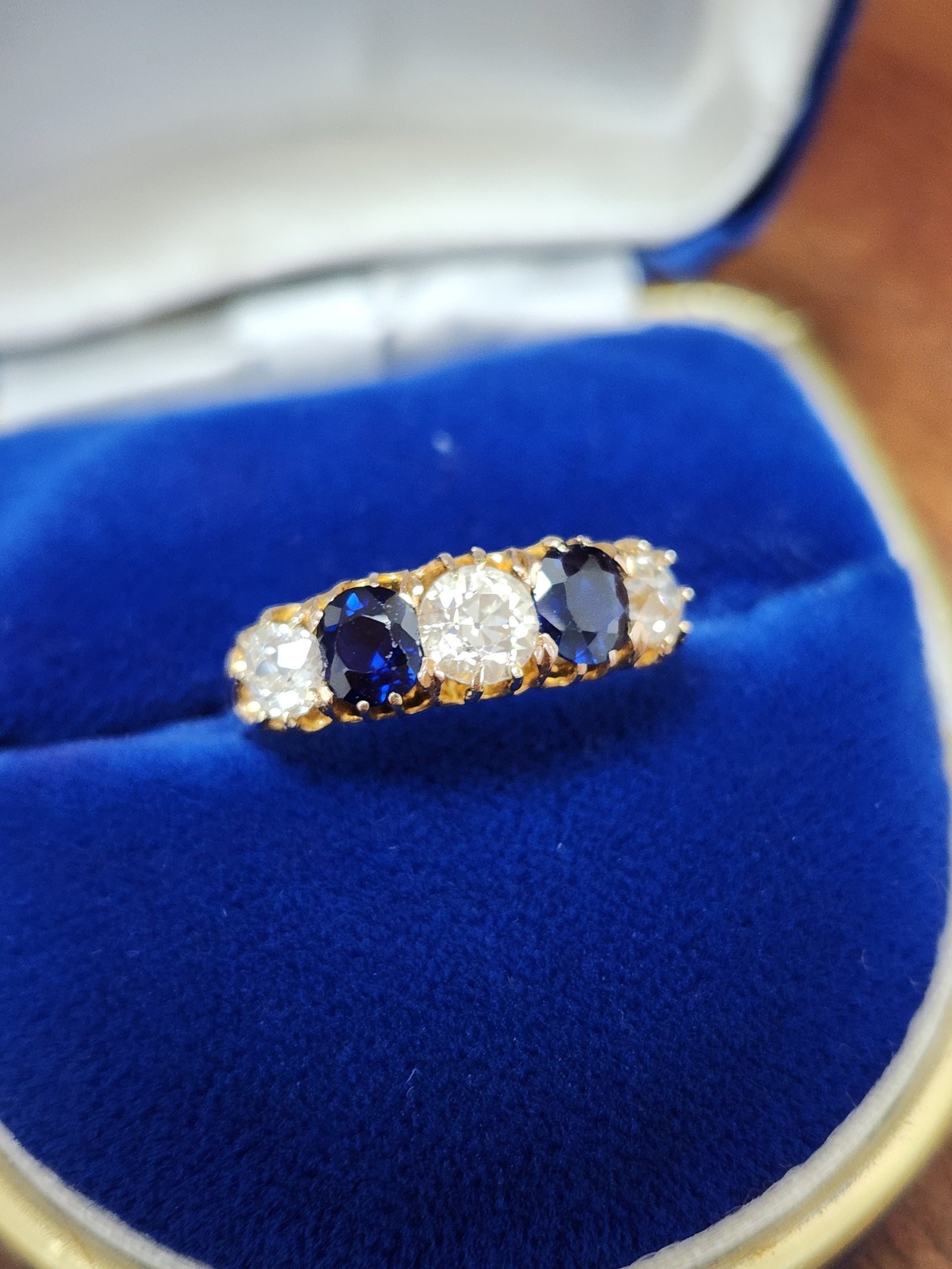 Antique Victorian Blue Sapphire and Old Mine Cut Diamond Ring in Rosy Gold