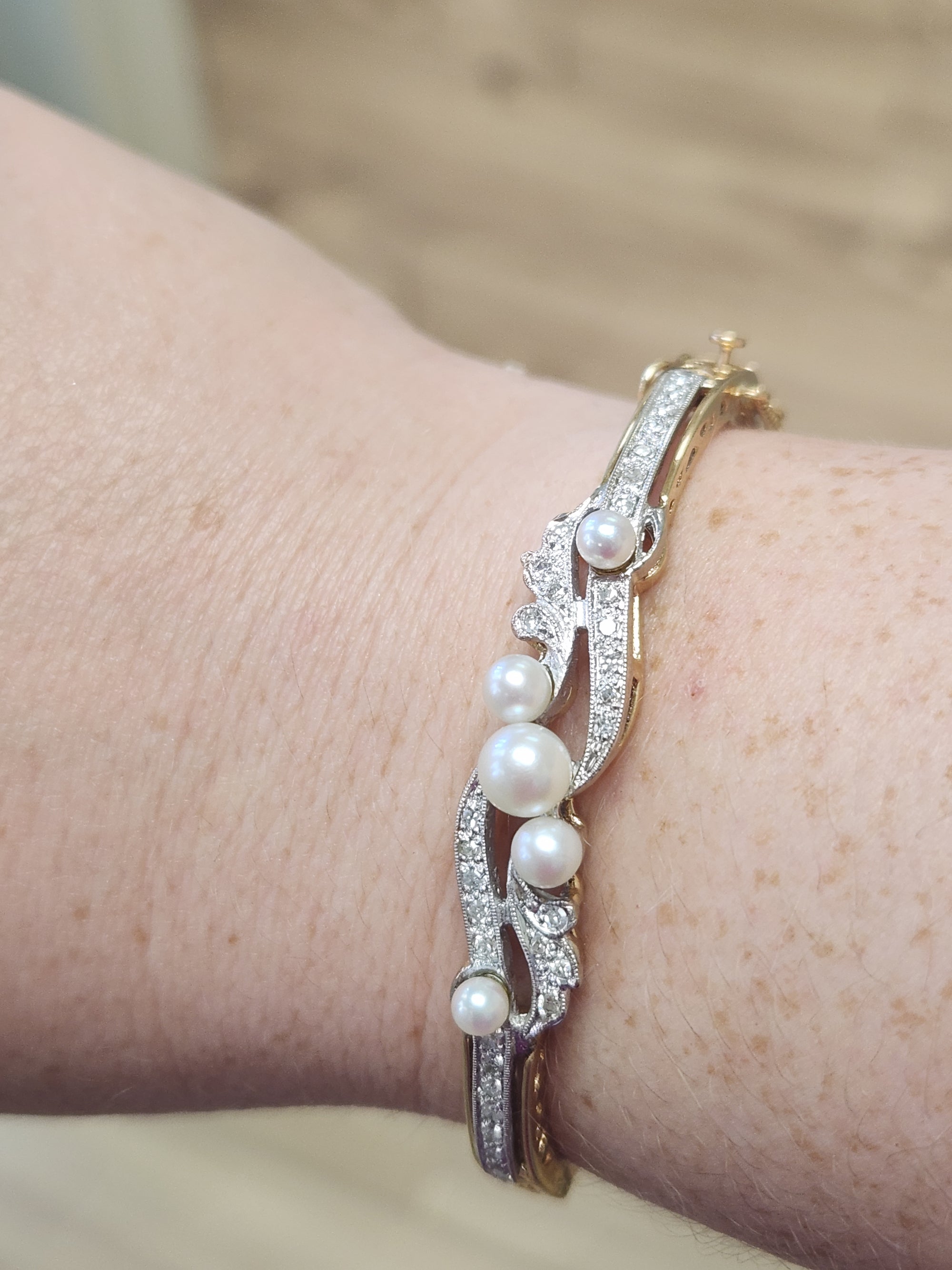 Exquisite Art Deco Cultured Pearl and Diamond Bangle Bracelet in 14k Yellow Gold