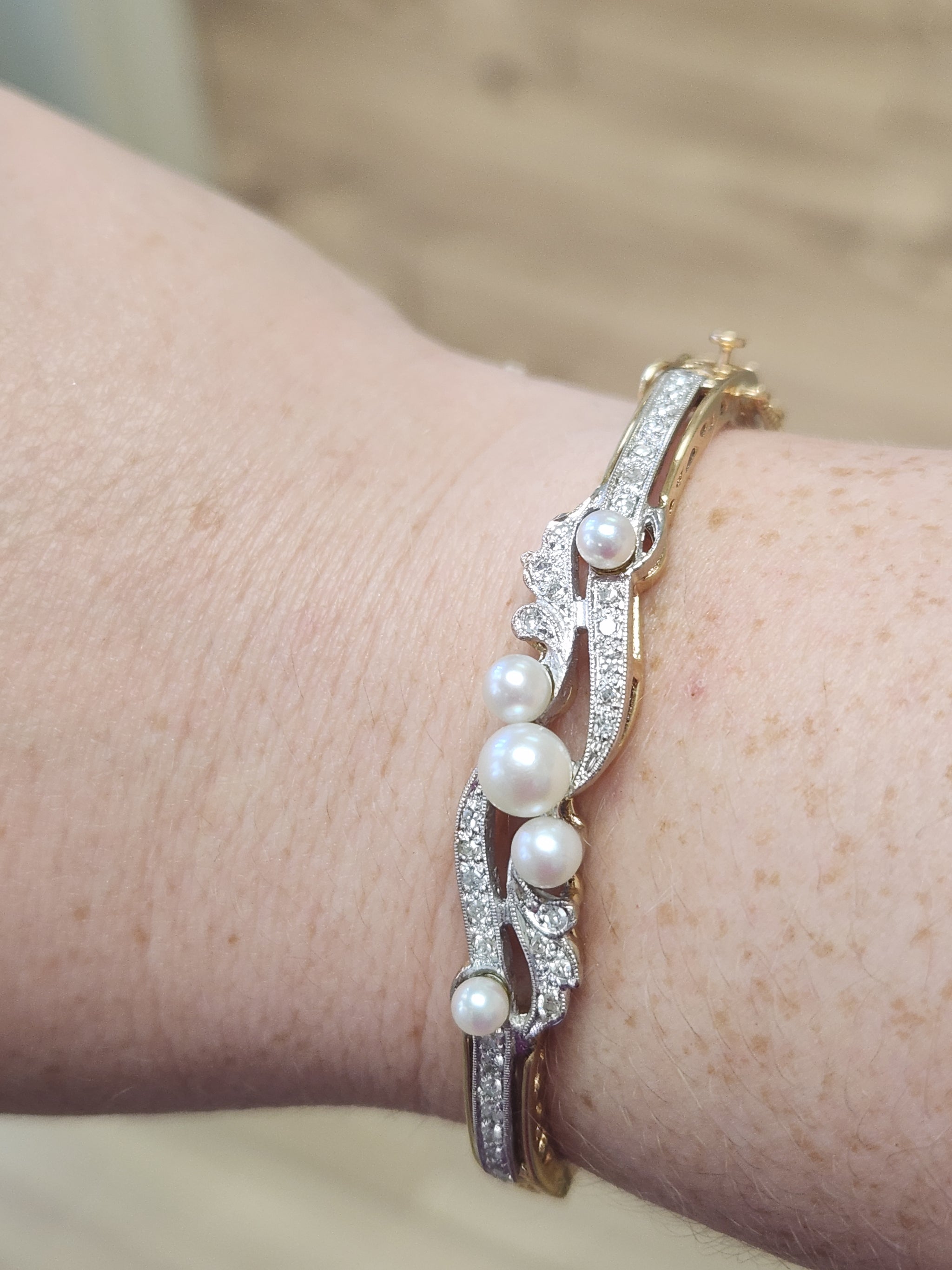 Exquisite Art Deco Cultured Pearl and Diamond Bangle Bracelet in 14k Yellow Gold