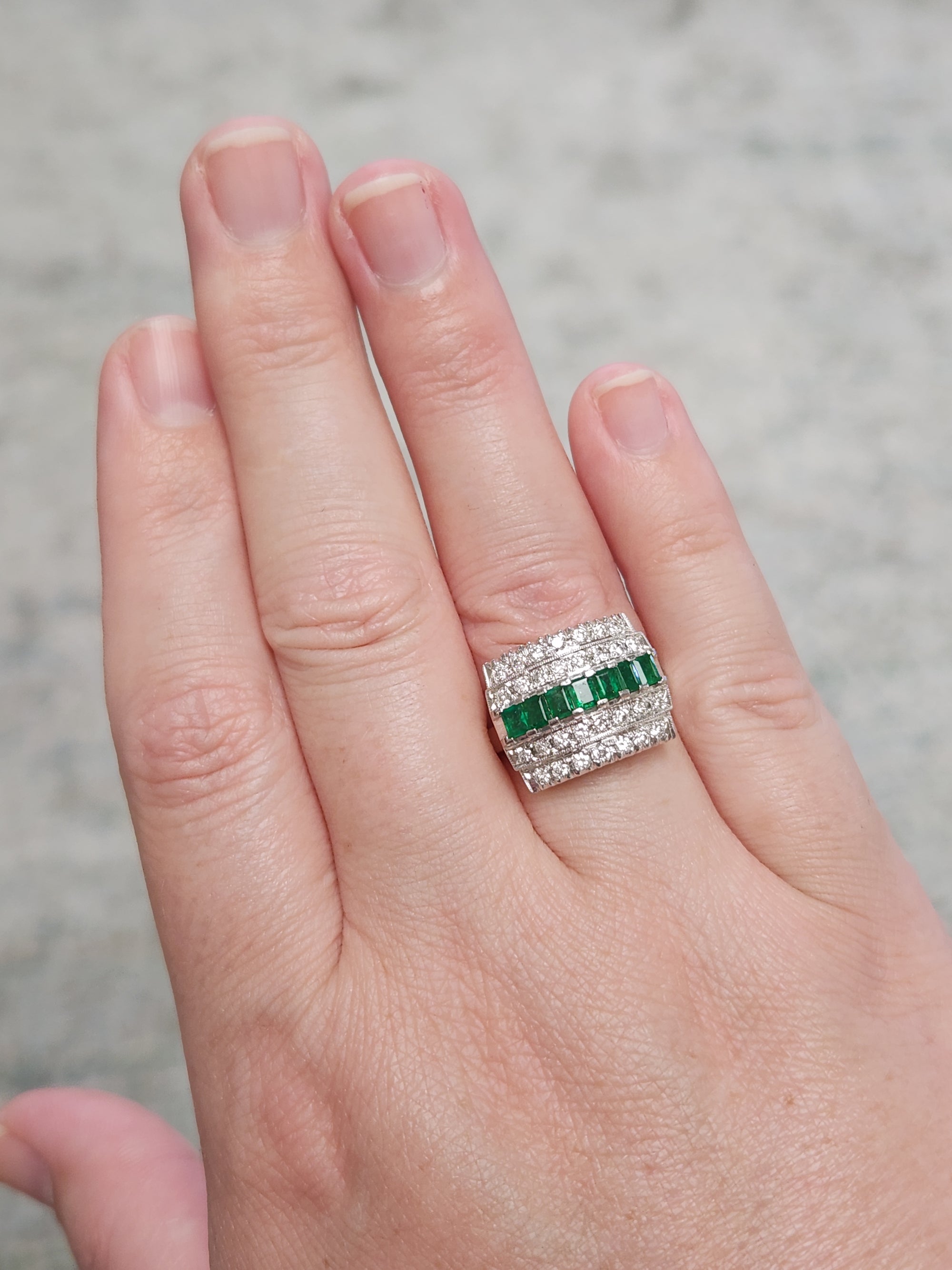 Mid-Century Emerald and Diamond Five Row Band Ring in Platinum