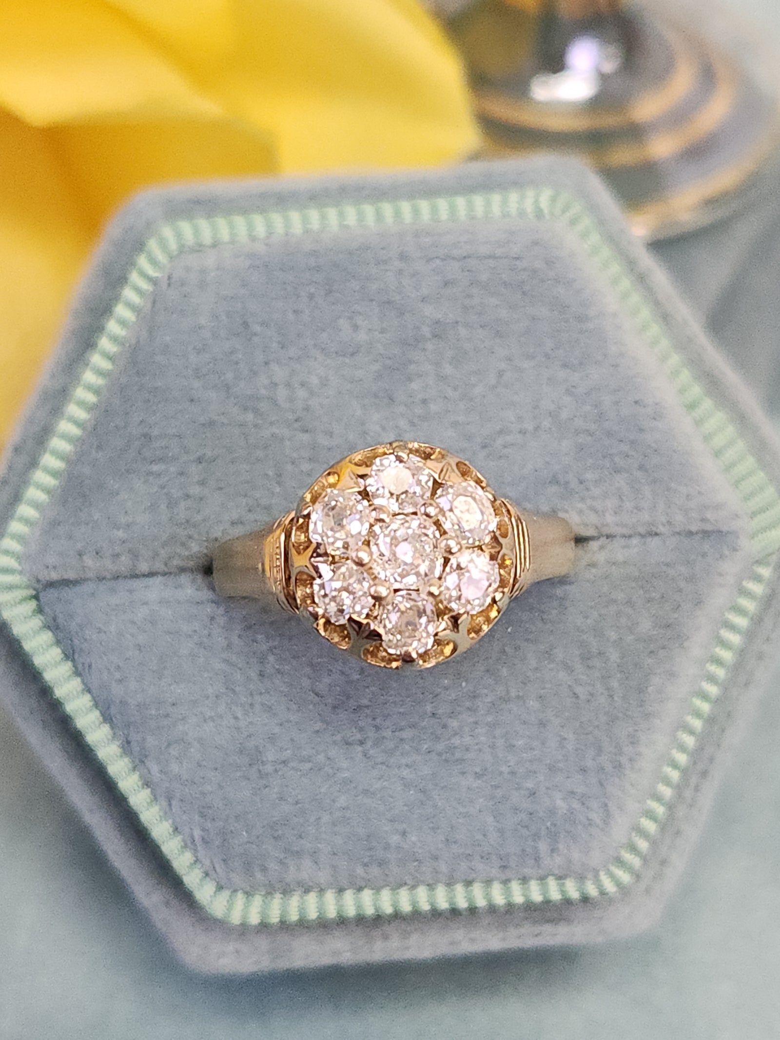 Antique Victorian Old Mine Cut Diamond Cluster Engagement Ring in 14k Gold