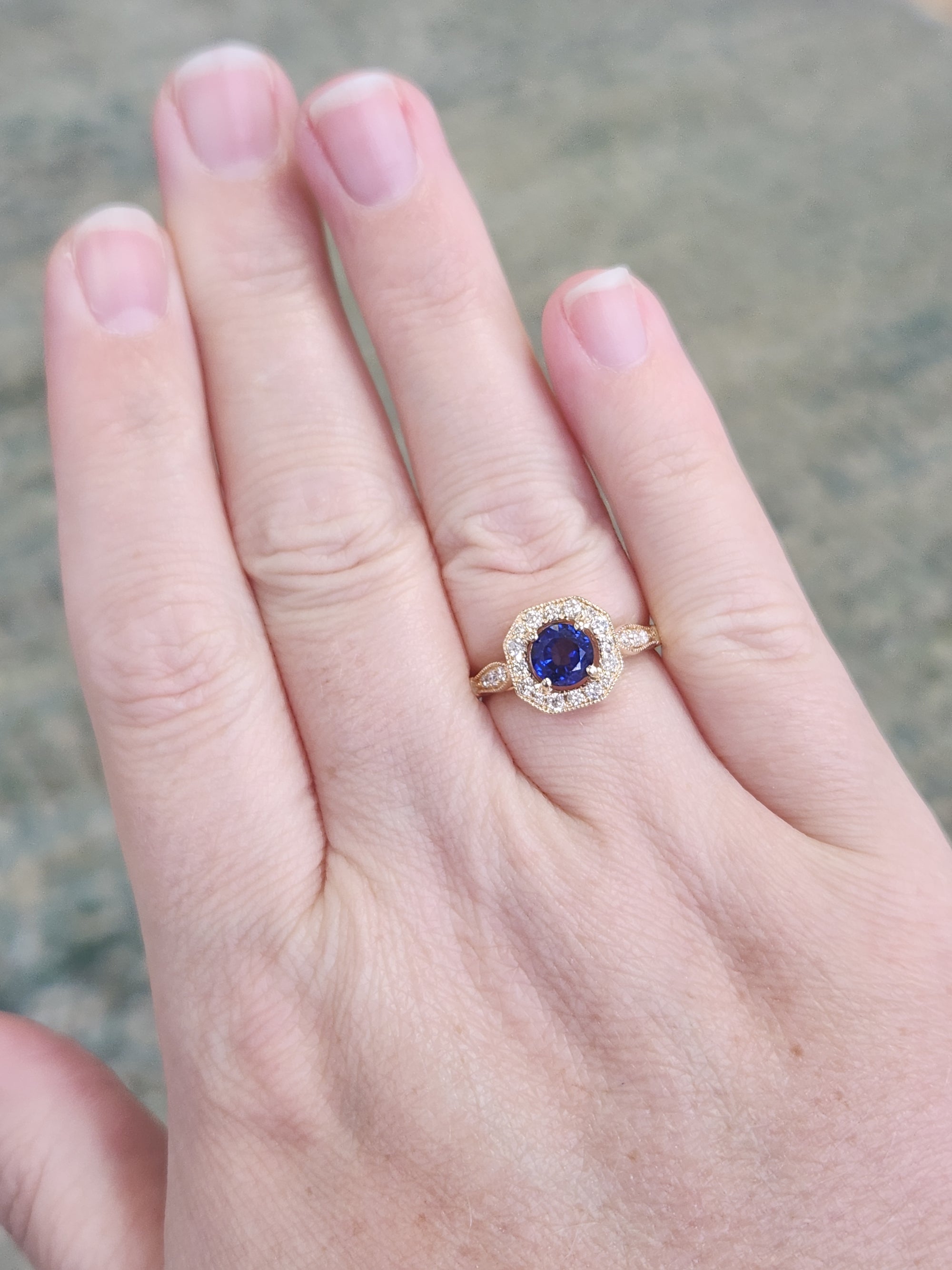 Vintage Sparkling Blue Sapphire and Diamond Octagonal Halo in 14k Yellow Gold