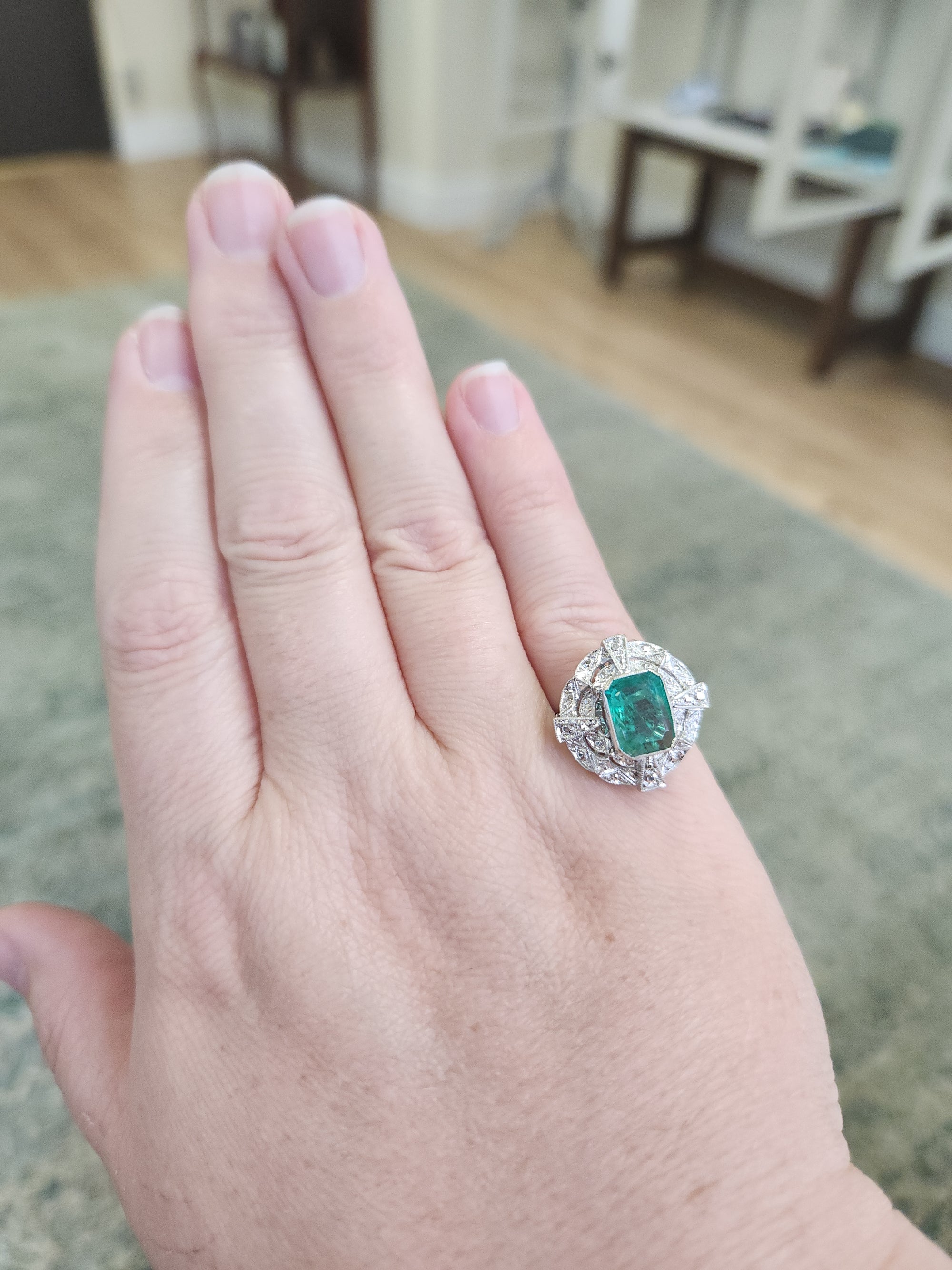 Vintage Bezel Set Natural Emerald Cocktail Ring in 14k White Gold