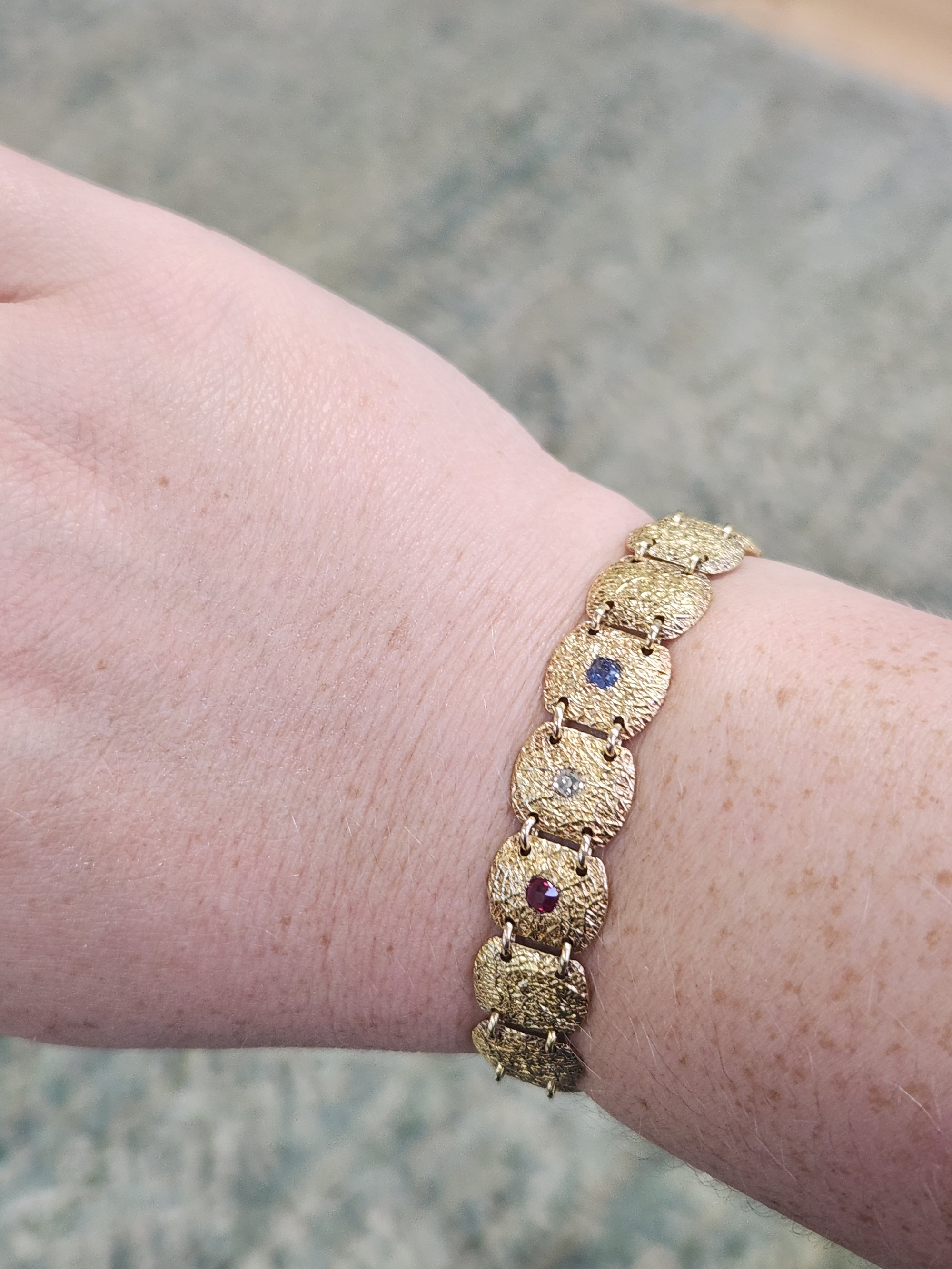Antique Victorian Ruby Diamond Sapphire Link Bracelet in 10k Yellow Gold