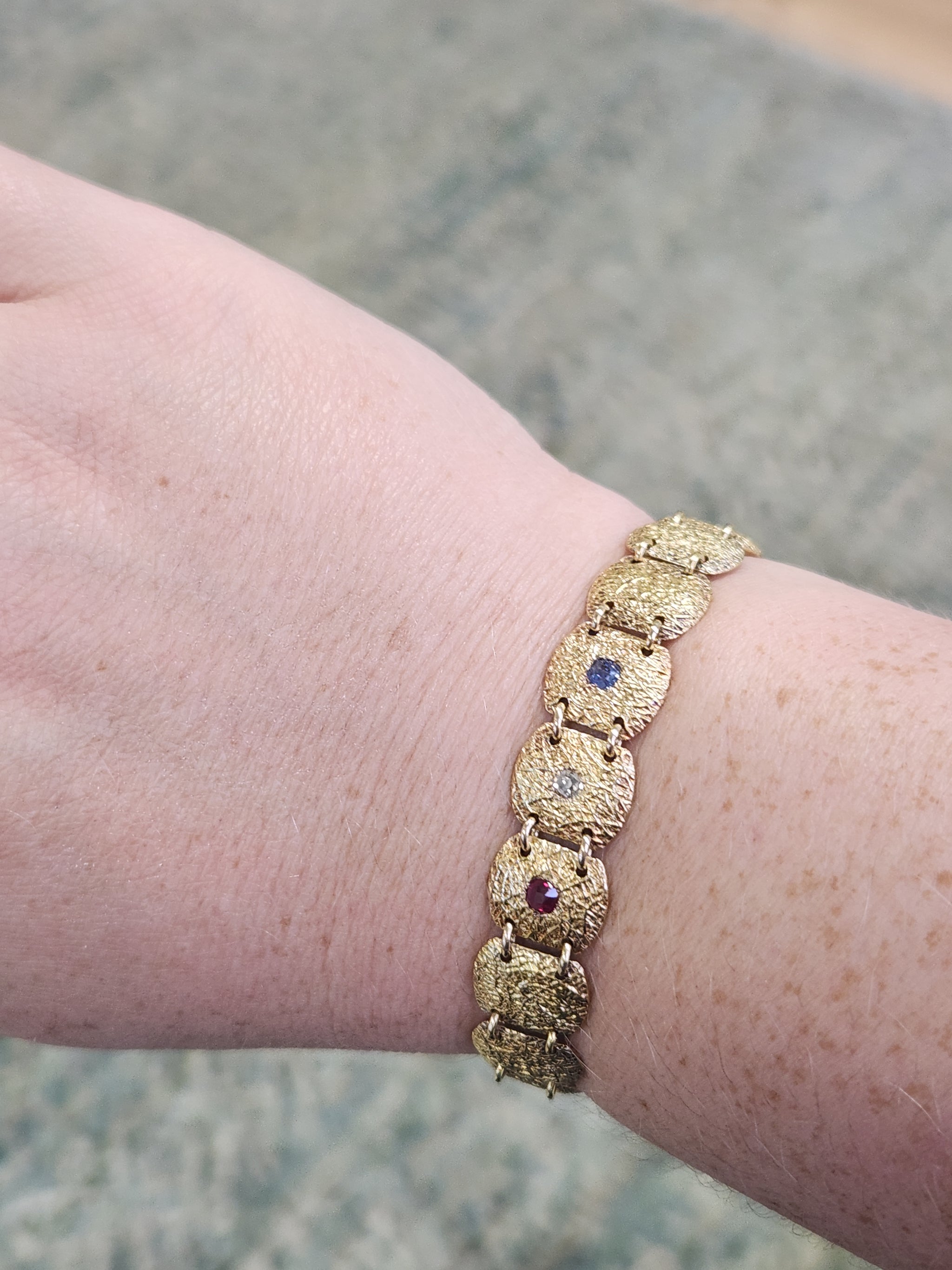 Antique Victorian Ruby Diamond Sapphire Link Bracelet in 10k Yellow Gold